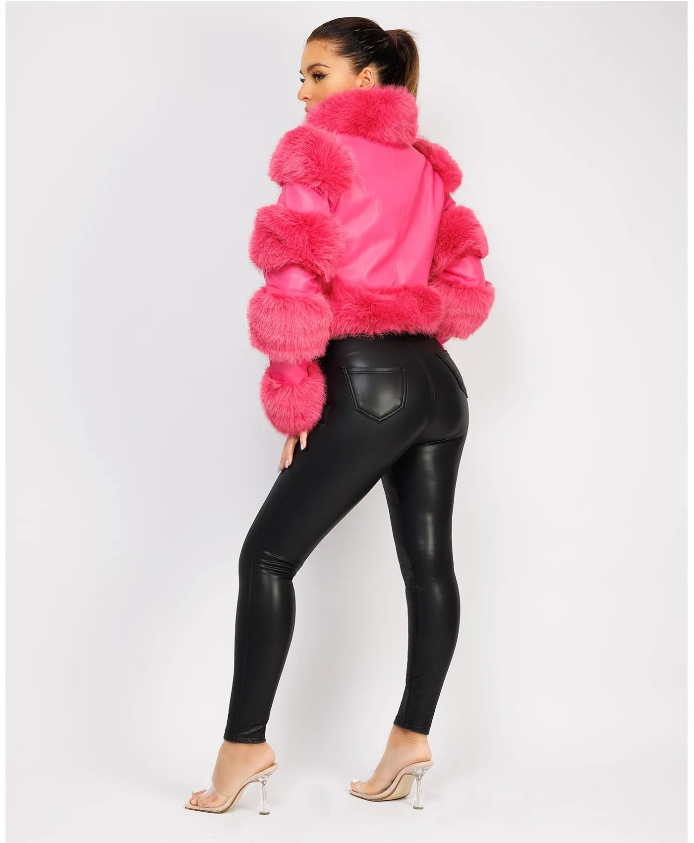 Pink Cropped Faux Fur Vegan Leather Coat Jacket