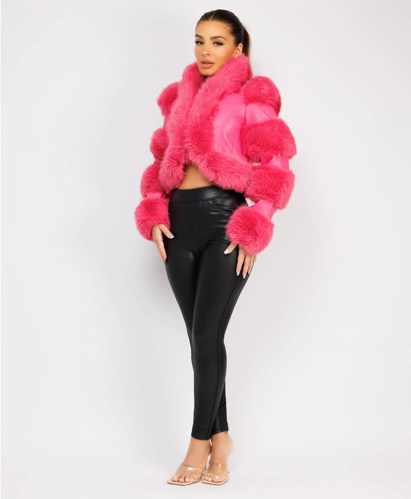 Pink Cropped Faux Fur Vegan Leather Coat Jacket