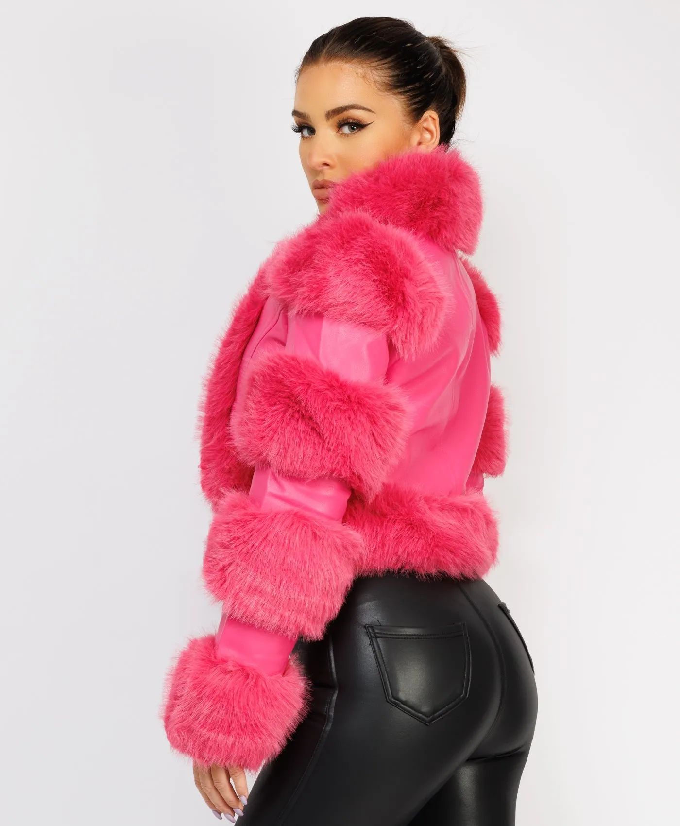 Pink Cropped Faux Fur Vegan Leather Coat Jacket