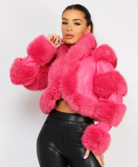 Pink Cropped Faux Fur Vegan Leather Coat Jacket