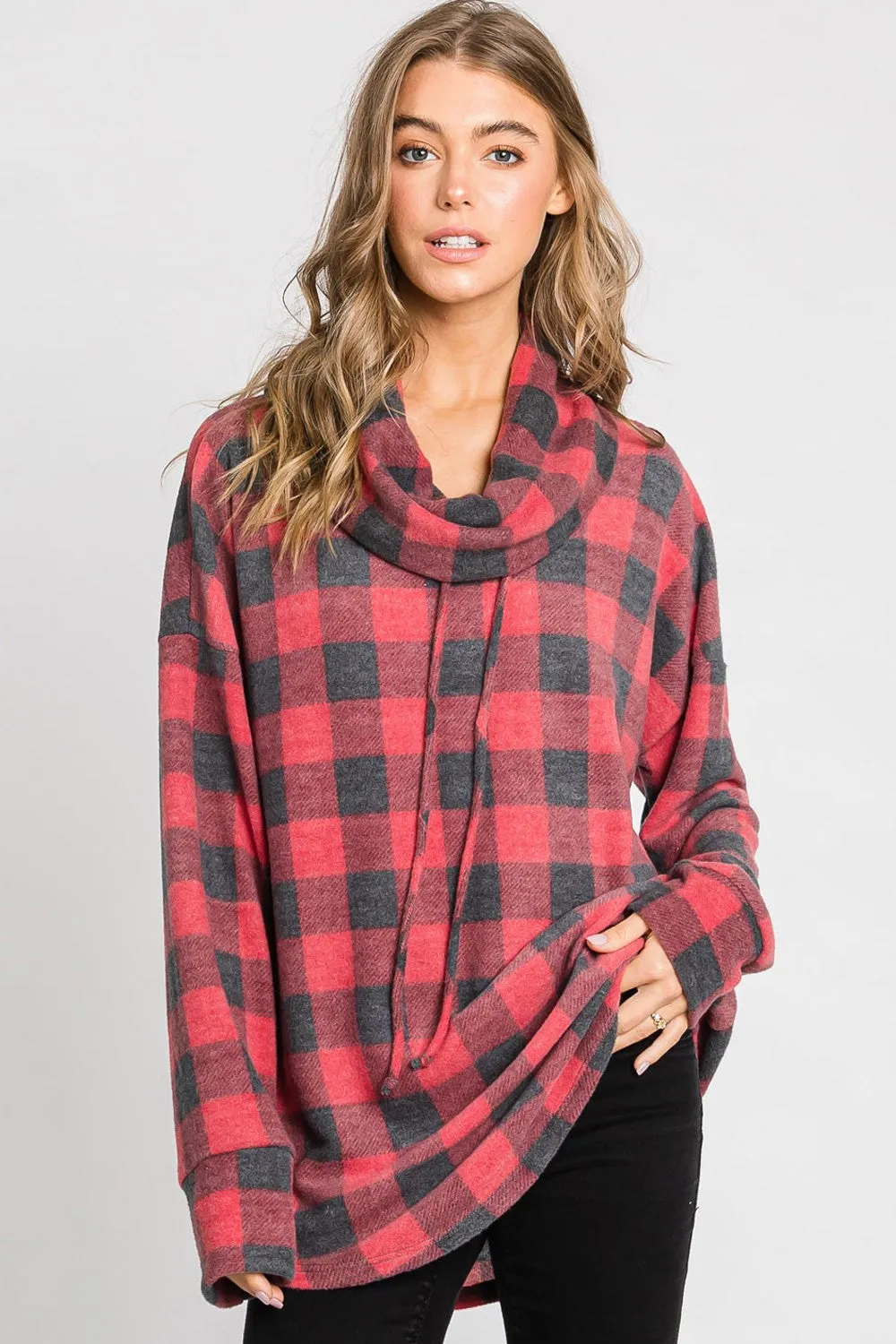 PLAID COW NECK TOP