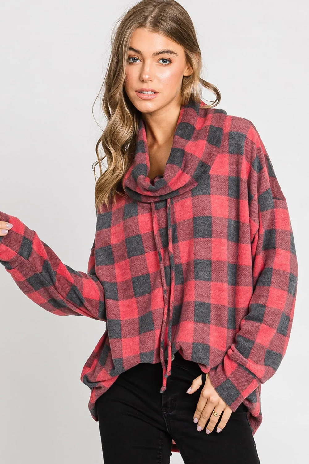 PLAID COW NECK TOP