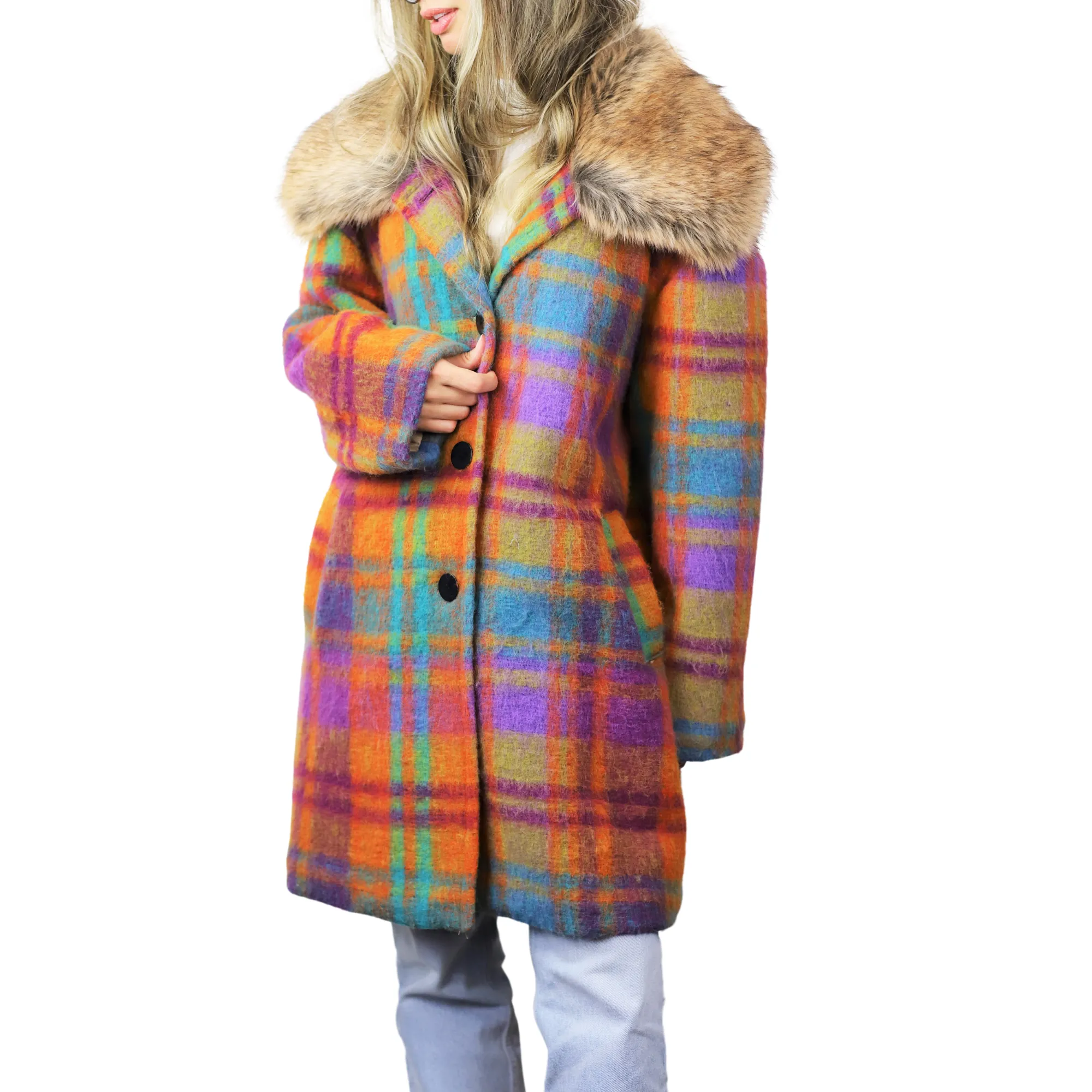 Plaid Mid length Coat with Trim - Orange