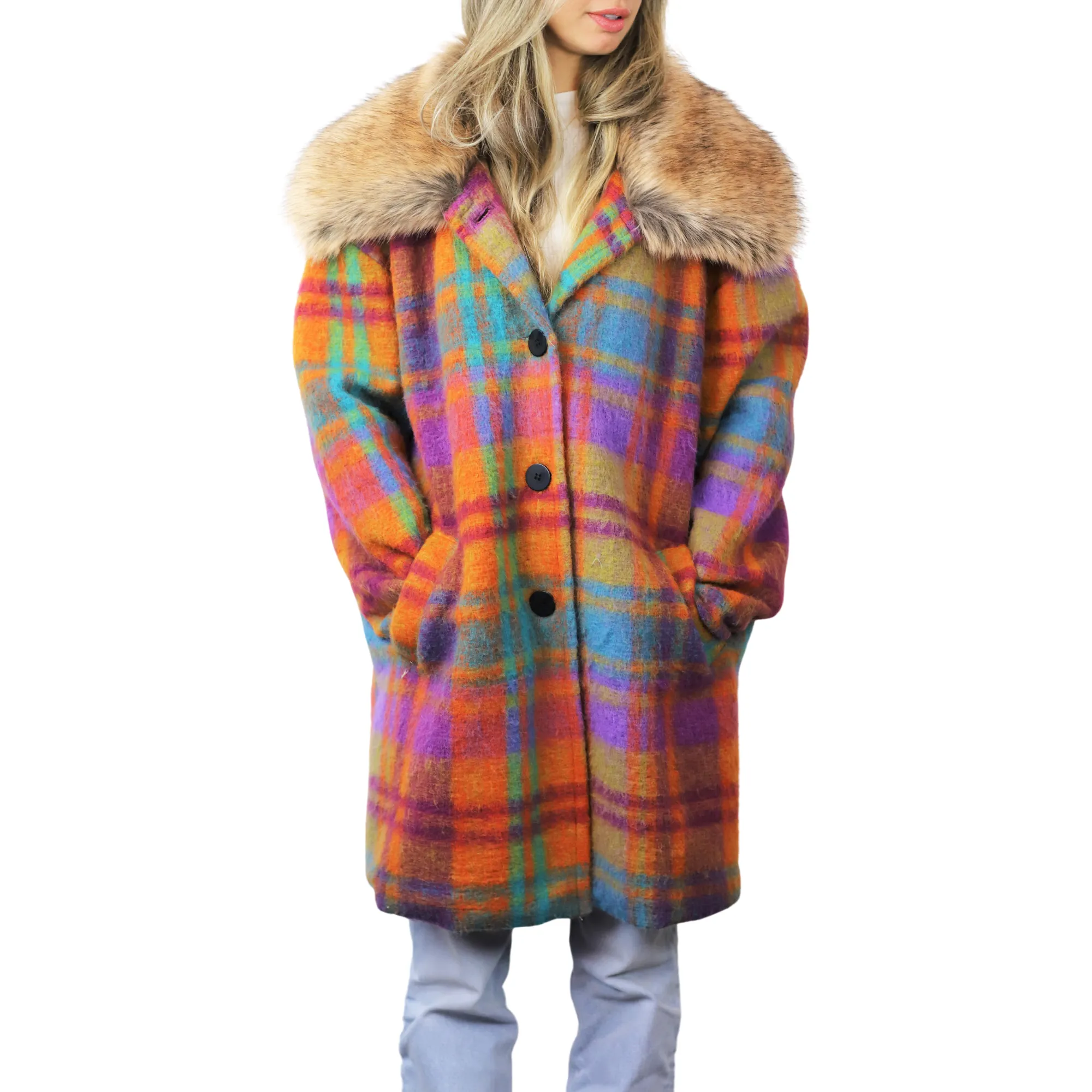 Plaid Mid length Coat with Trim - Orange