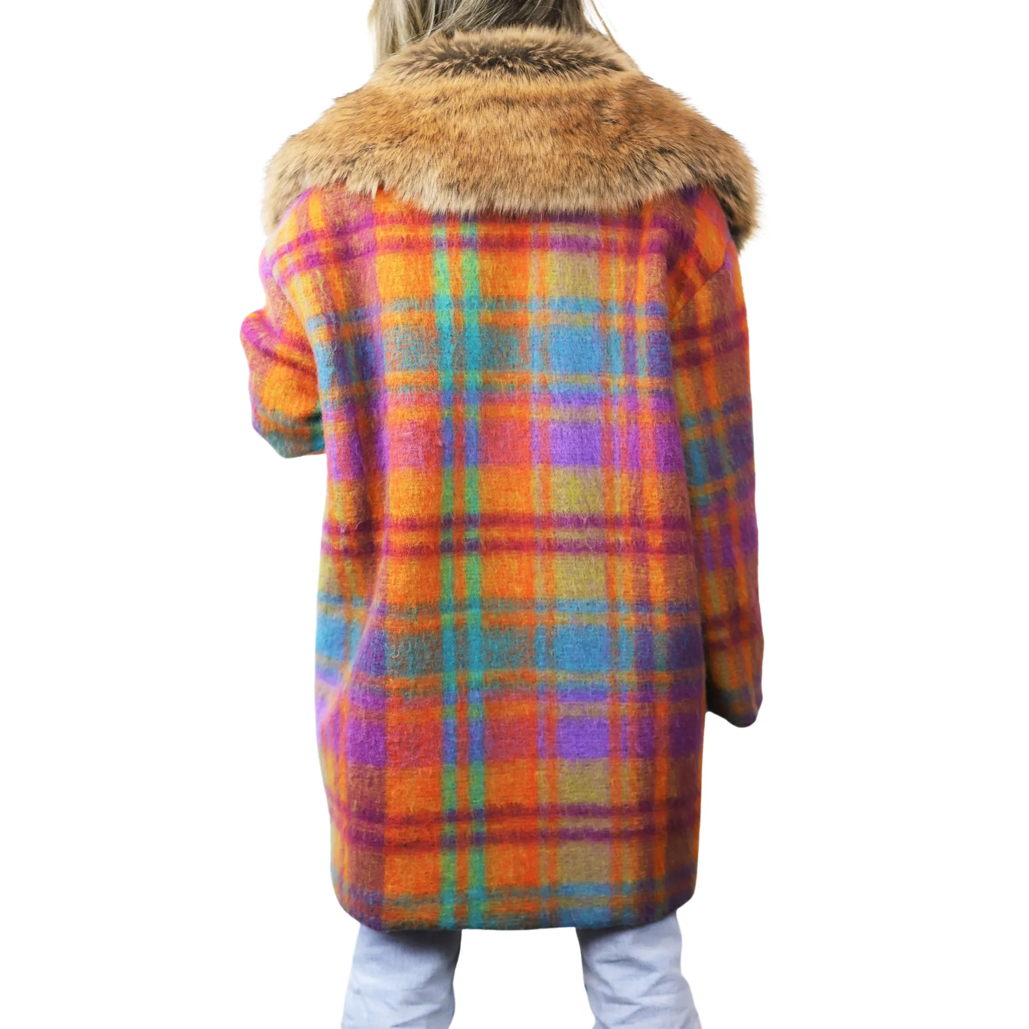 Plaid Mid length Coat with Trim - Orange