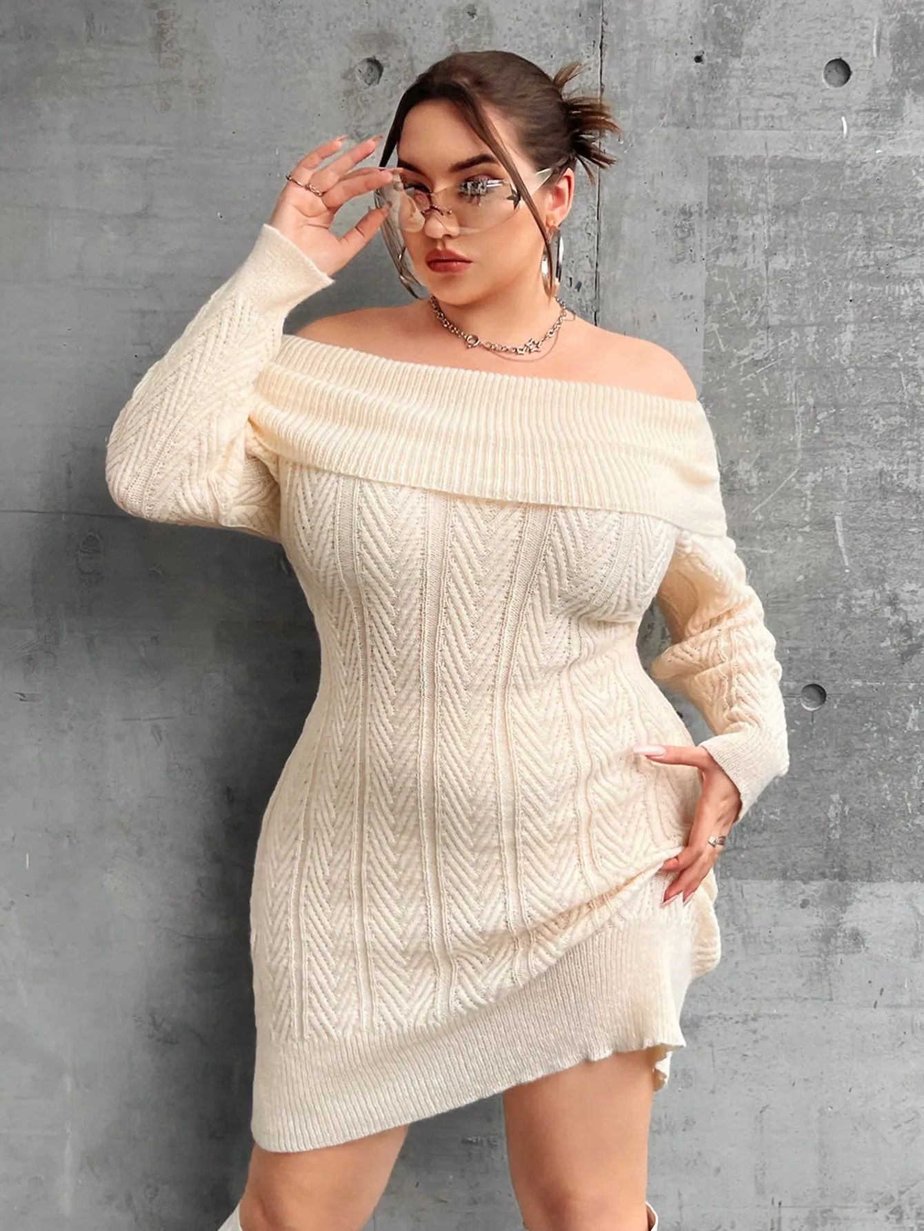 Plus Off Shoulder Solid Sweater Dress Without Belt Mini Dress