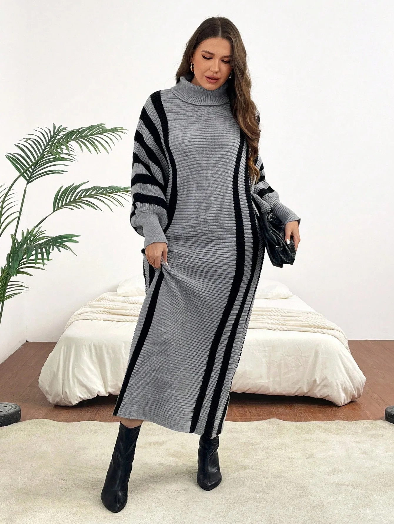 Plus Size High Neck Batwing Sleeve Sweater Dress (Belt Not Included)