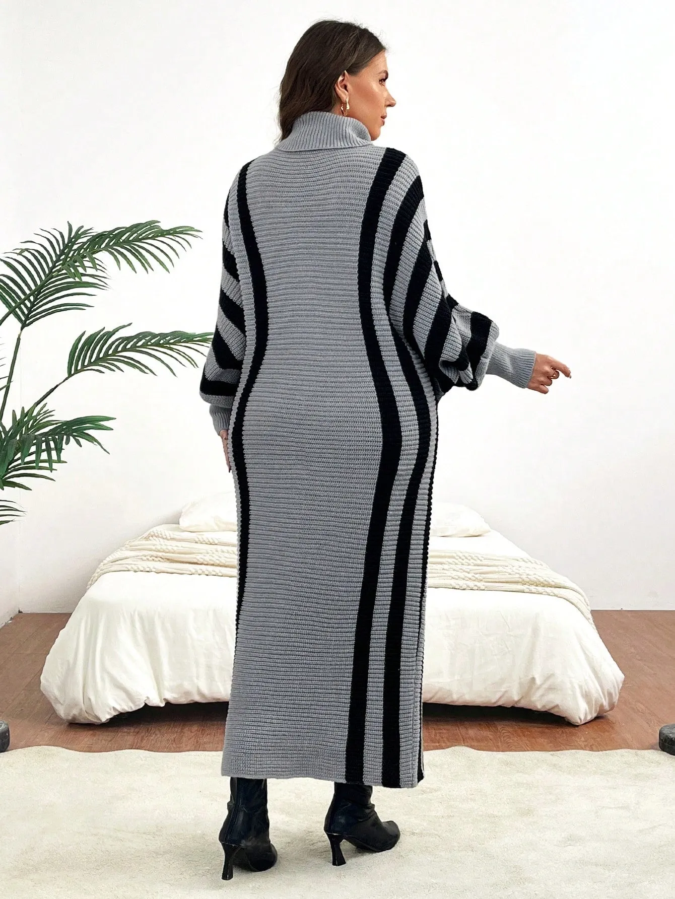 Plus Size High Neck Batwing Sleeve Sweater Dress (Belt Not Included)