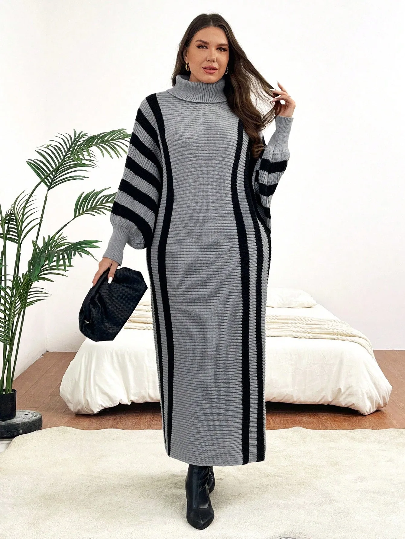 Plus Size High Neck Batwing Sleeve Sweater Dress (Belt Not Included)