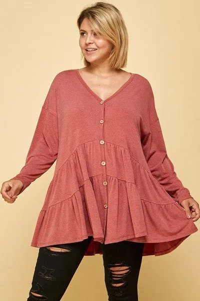 Plus Size Solid Long Sleeves Button Up Swing Tunic Top With Ruched Detail