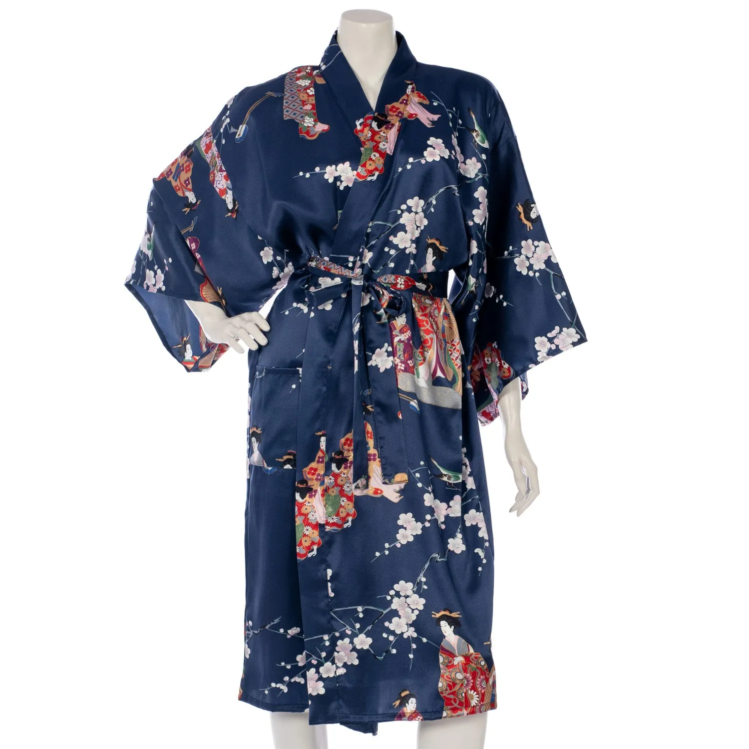 Premium Short Navy Geisha and Blossom Silk Kimono