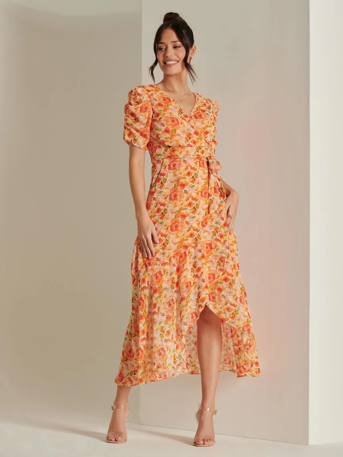 Print Metallic Textured Chiffon Maxi Dress, Orange Multi