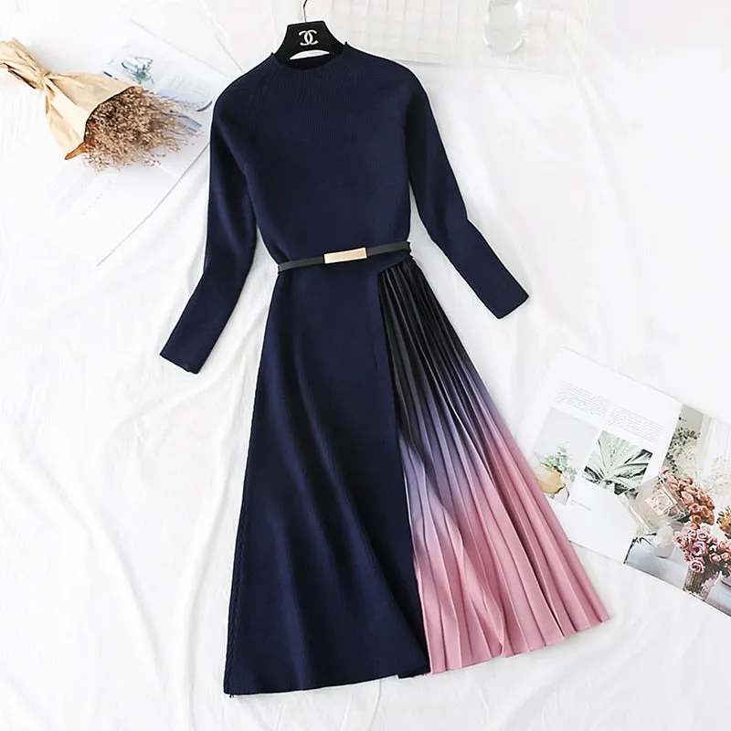 Purpdrank - Autumn Winter Elegant Knitted Patchwork Gradient Pink Pleated Dress Women Long Sleeve Office One-Piece Sweater Dress With Belt