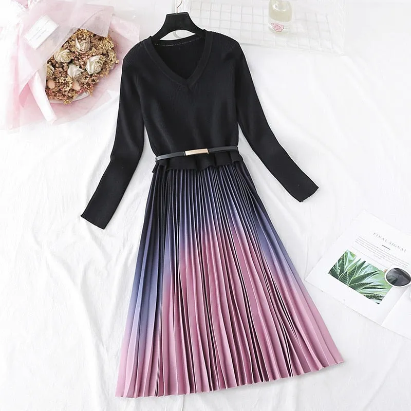 Purpdrank - Autumn Winter Elegant Knitted Patchwork Gradient Pink Pleated Dress Women Long Sleeve Office One-Piece Sweater Dress With Belt