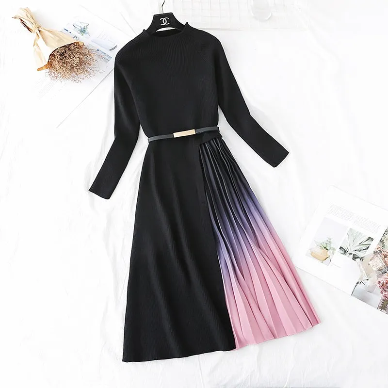 Purpdrank - Autumn Winter Elegant Knitted Patchwork Gradient Pink Pleated Dress Women Long Sleeve Office One-Piece Sweater Dress With Belt