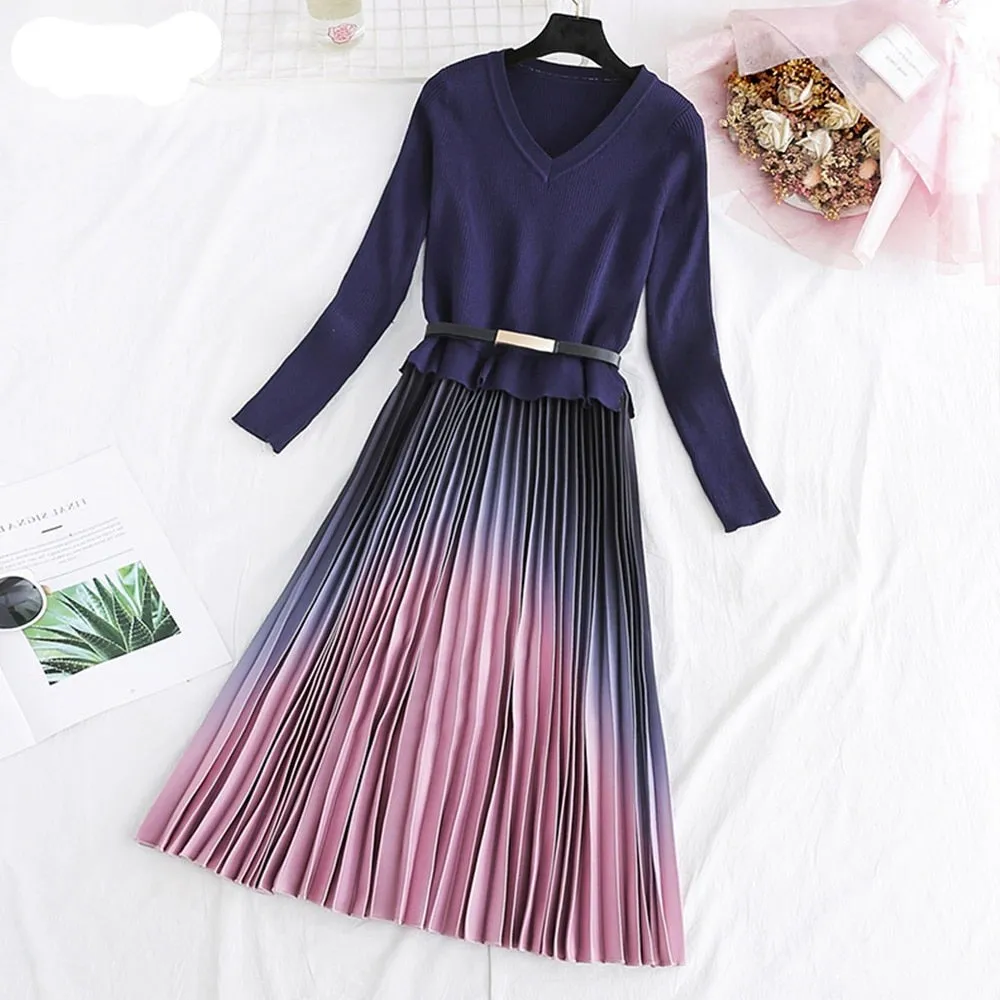 Purpdrank - Autumn Winter Elegant Knitted Patchwork Gradient Pink Pleated Dress Women Long Sleeve Office One-Piece Sweater Dress With Belt