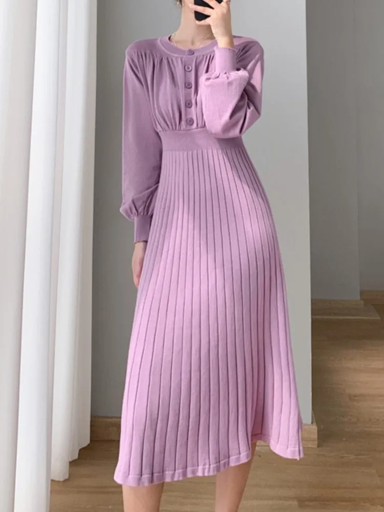 Purpdrank - Fashion New Autumn Women Knitted Long Dress Vintage Casual Pleated A-Line Solid Party Vestidos Female Chic Sweater Robe Mujers