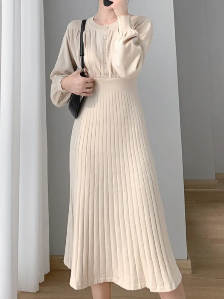 Purpdrank - Fashion New Autumn Women Knitted Long Dress Vintage Casual Pleated A-Line Solid Party Vestidos Female Chic Sweater Robe Mujers