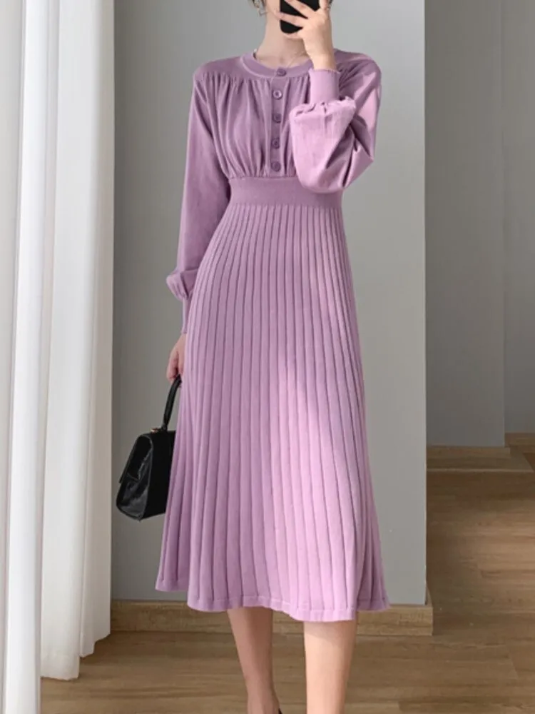 Purpdrank - Fashion New Autumn Women Knitted Long Dress Vintage Casual Pleated A-Line Solid Party Vestidos Female Chic Sweater Robe Mujers