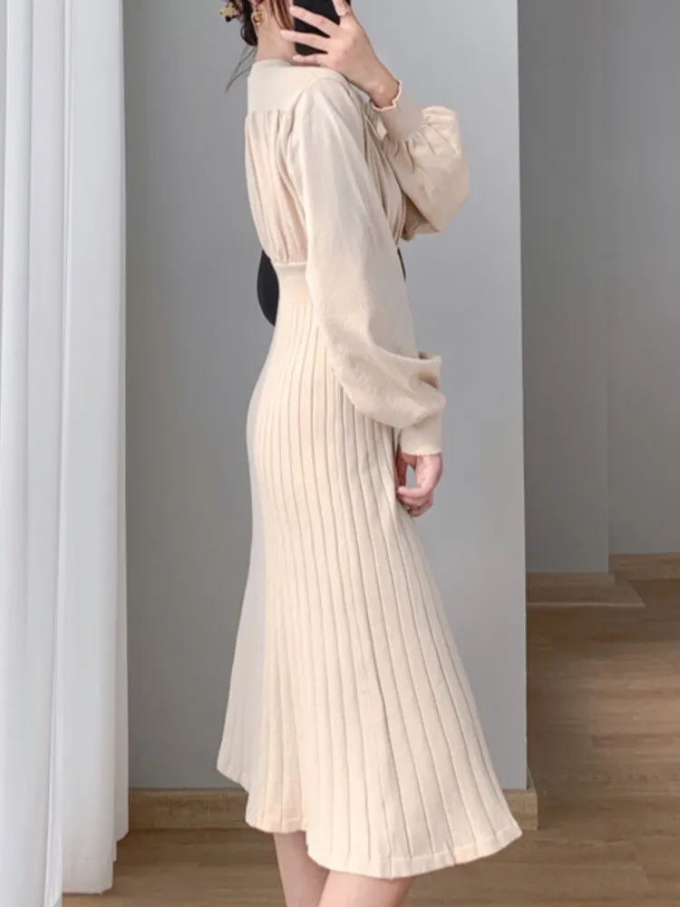 Purpdrank - Fashion New Autumn Women Knitted Long Dress Vintage Casual Pleated A-Line Solid Party Vestidos Female Chic Sweater Robe Mujers