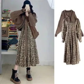 Purpdrank - French Vintage Brown 2pcs Set Bat Sleeve Cropped Cardigan Knitted Sweater  Floral Print Pleated Long Dress Korean Elegant Suit