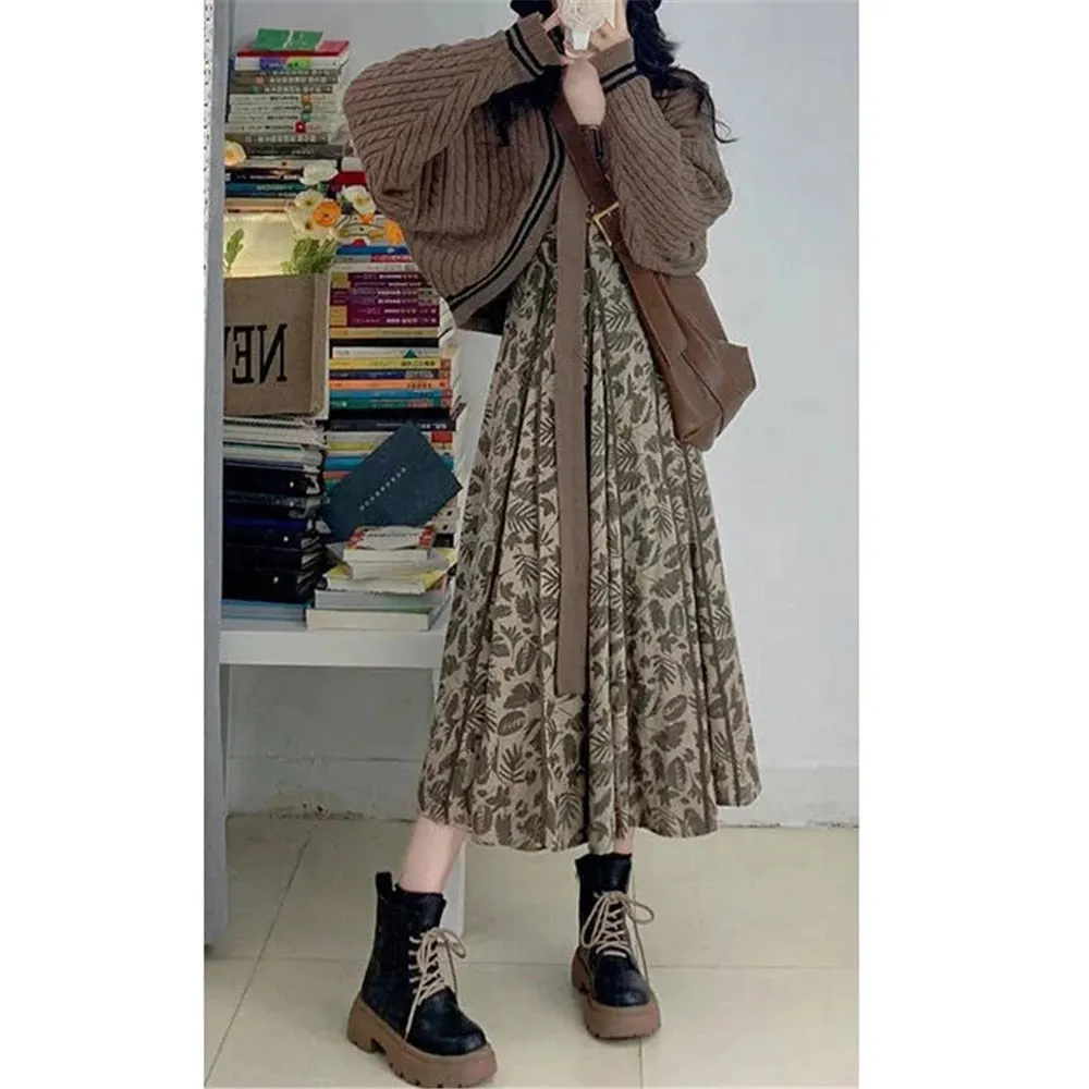 Purpdrank - French Vintage Brown 2pcs Set Bat Sleeve Cropped Cardigan Knitted Sweater  Floral Print Pleated Long Dress Korean Elegant Suit