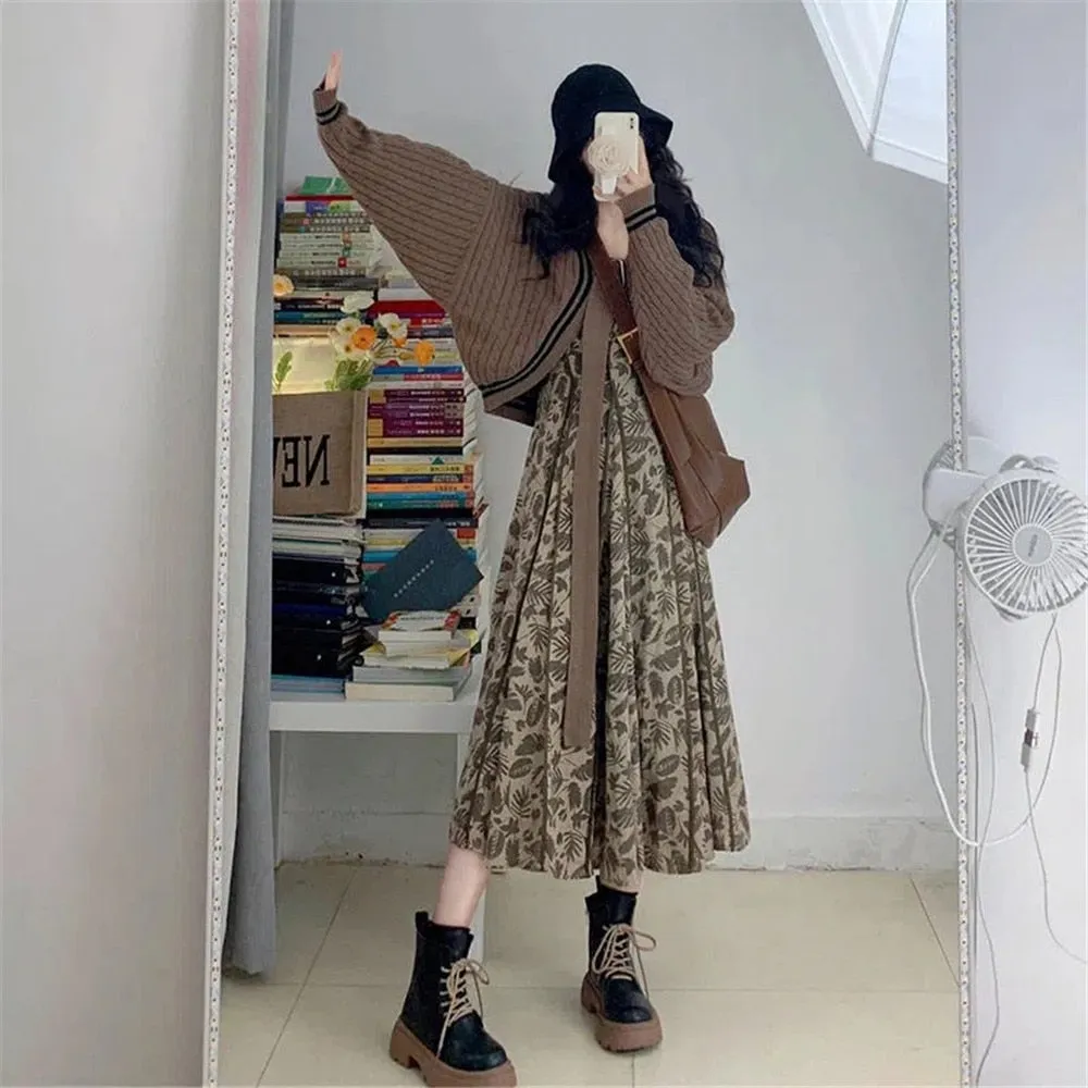 Purpdrank - French Vintage Brown 2pcs Set Bat Sleeve Cropped Cardigan Knitted Sweater  Floral Print Pleated Long Dress Korean Elegant Suit