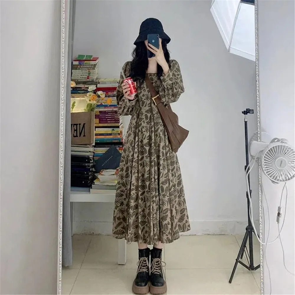 Purpdrank - French Vintage Brown 2pcs Set Bat Sleeve Cropped Cardigan Knitted Sweater  Floral Print Pleated Long Dress Korean Elegant Suit