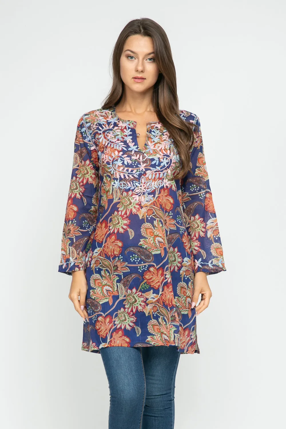 RAJ CARLYLE COBALT PRINTED EMBROIERED TUNIC