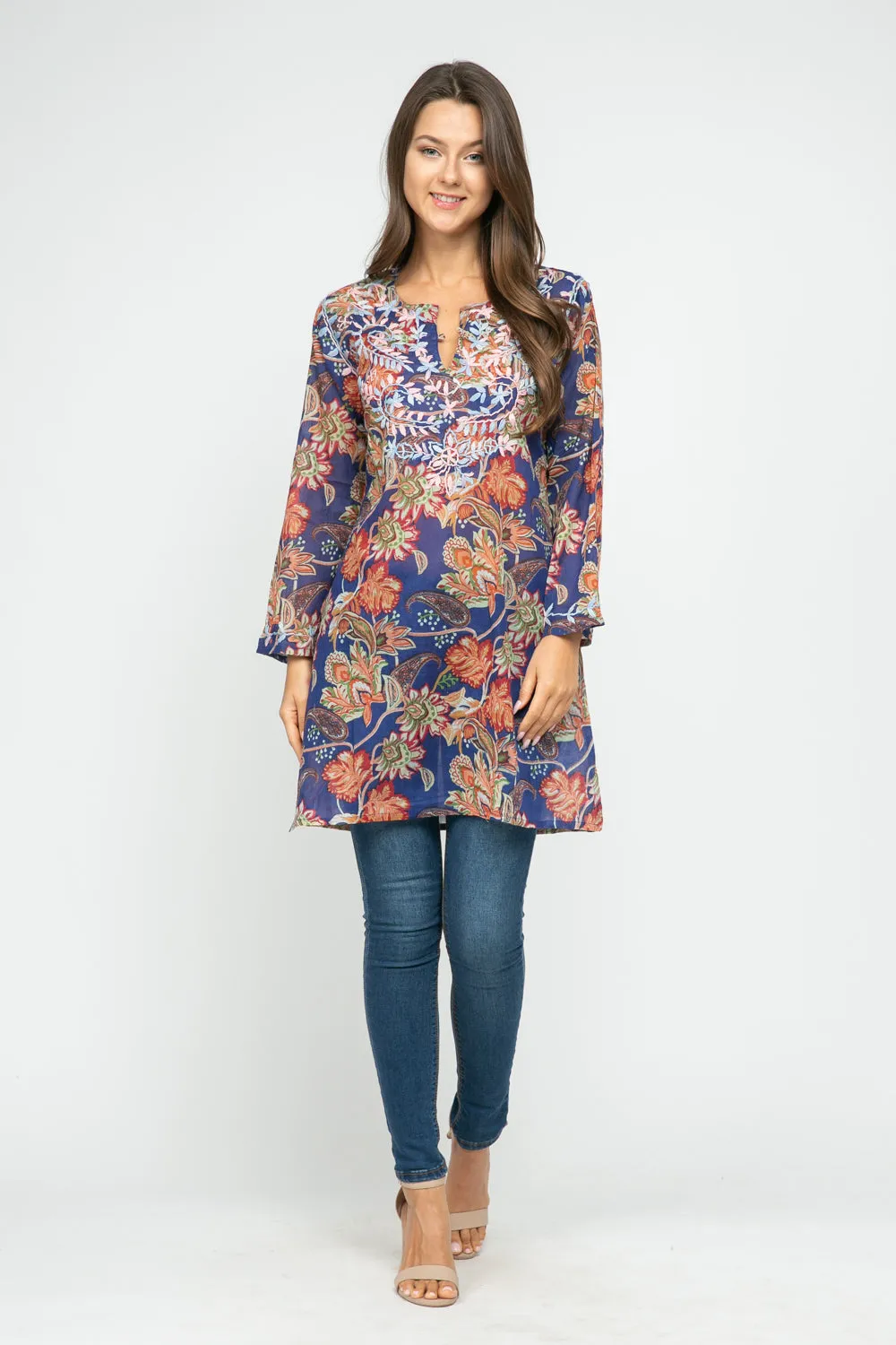 RAJ CARLYLE COBALT PRINTED EMBROIERED TUNIC