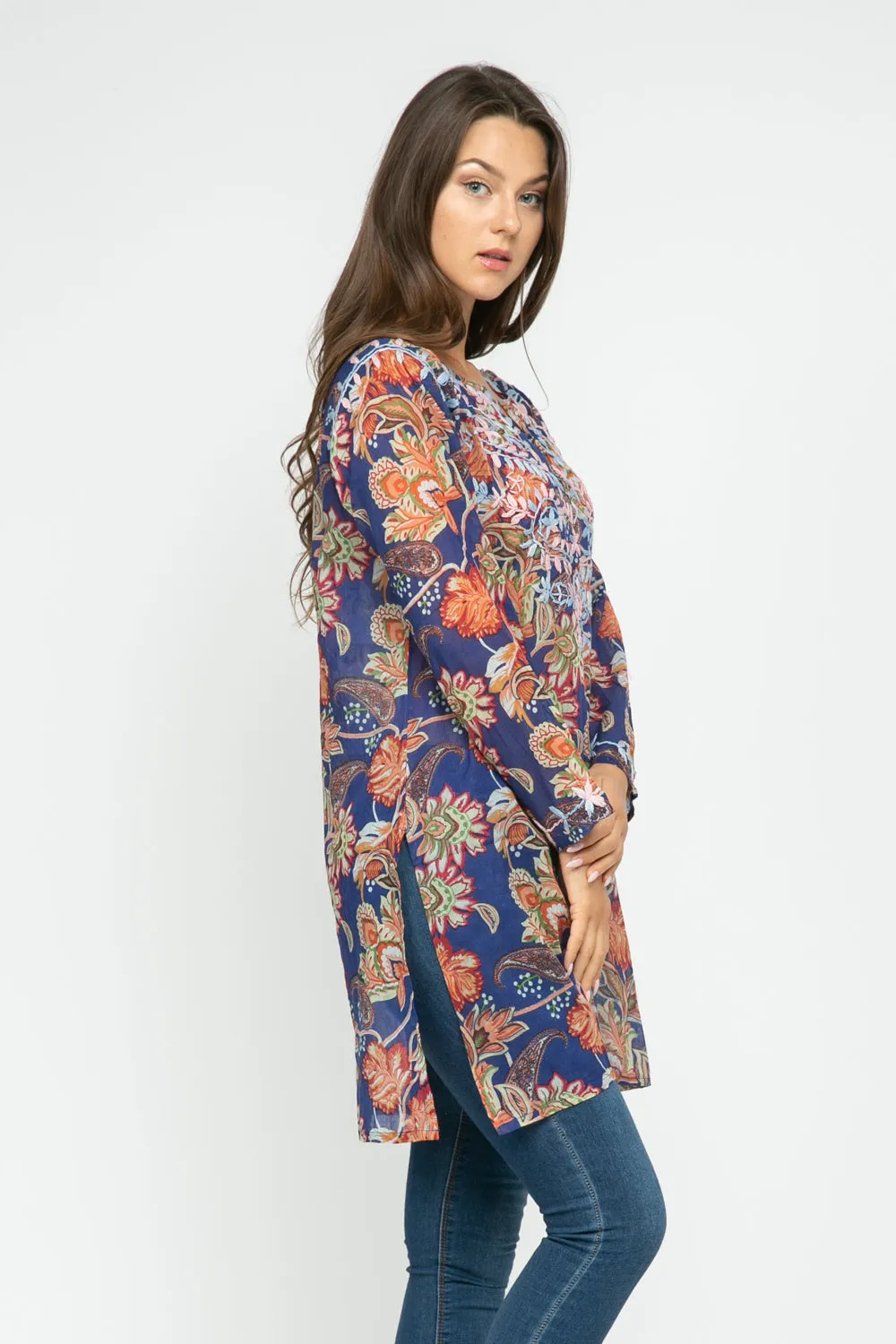 RAJ CARLYLE COBALT PRINTED EMBROIERED TUNIC