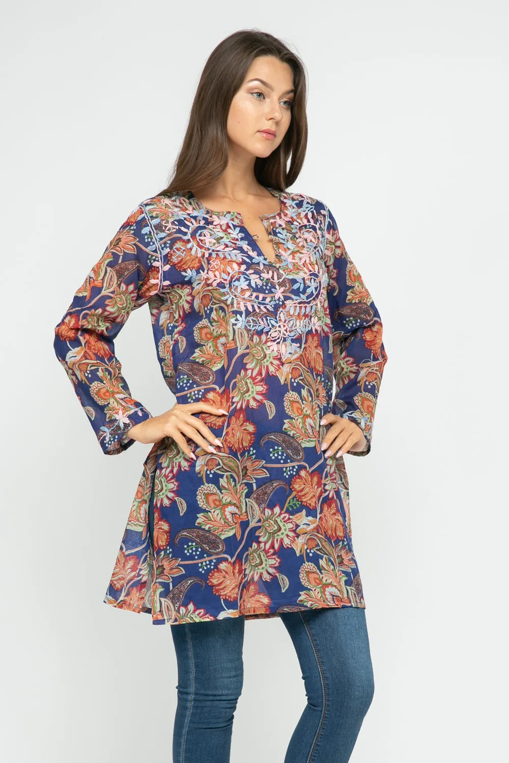 RAJ CARLYLE COBALT PRINTED EMBROIERED TUNIC