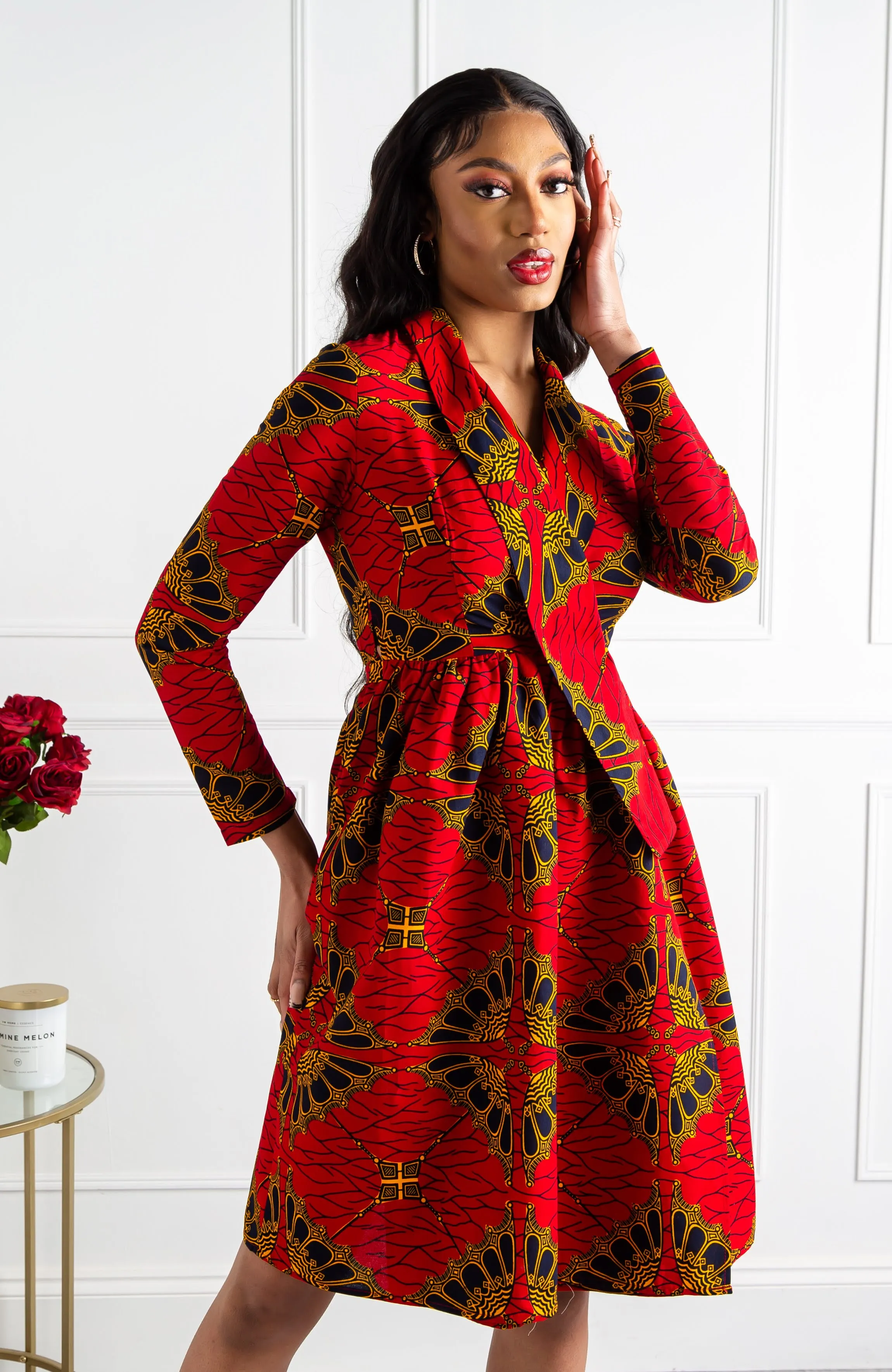 Red African Wax Shawl Collar Fit and Flare Wrap Dress - CORDELIA