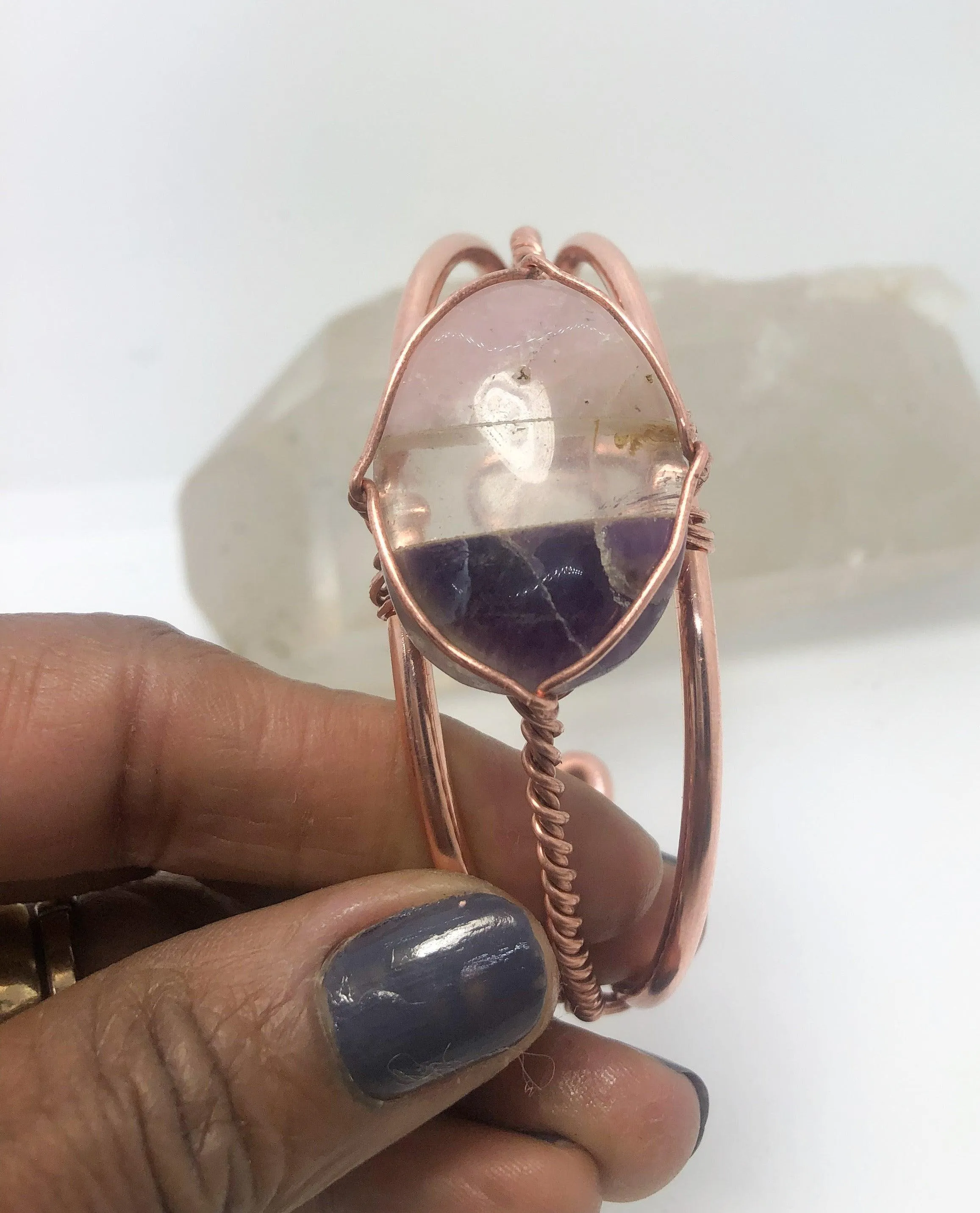 Rose Quartz, Clear Quartz and Amethyst  Copper Wirewrapped Bangle Bracelet