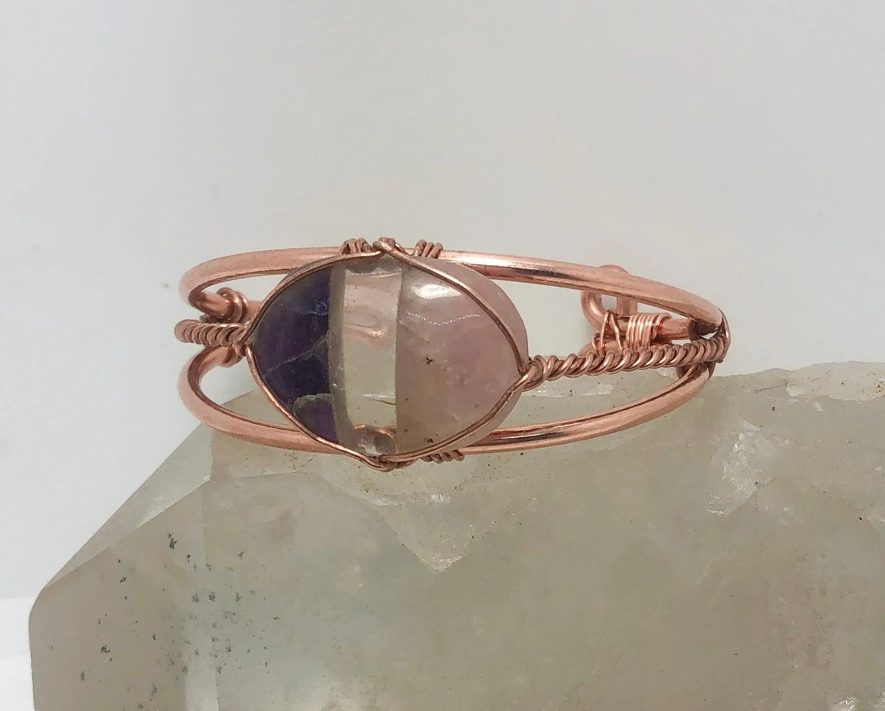 Rose Quartz, Clear Quartz and Amethyst  Copper Wirewrapped Bangle Bracelet