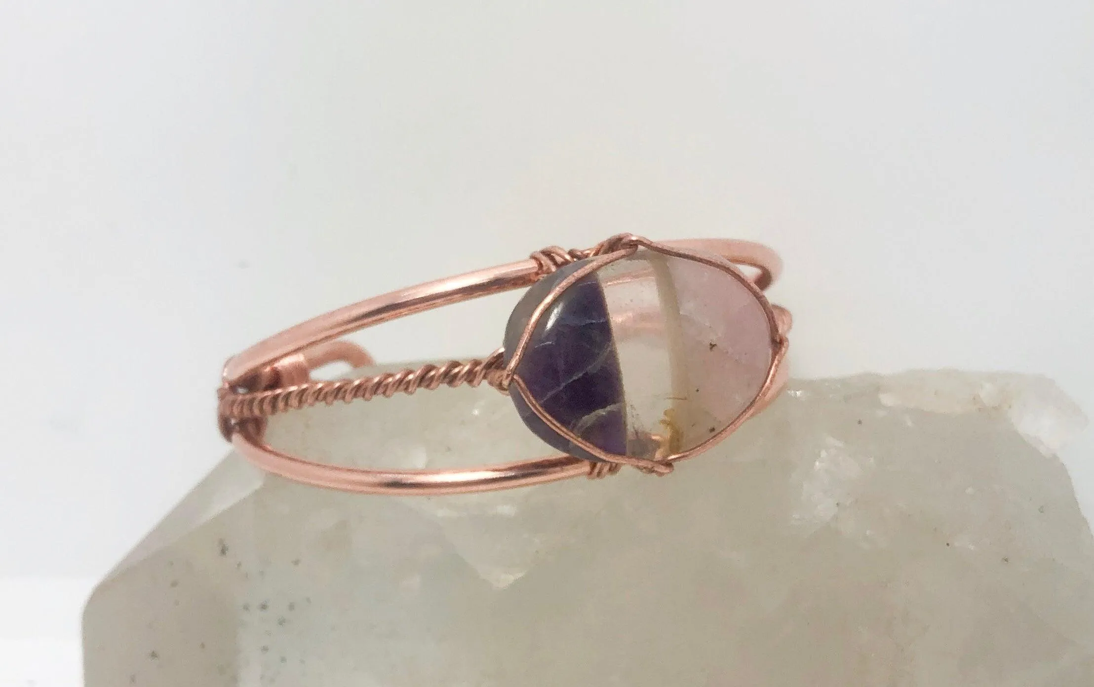 Rose Quartz, Clear Quartz and Amethyst  Copper Wirewrapped Bangle Bracelet