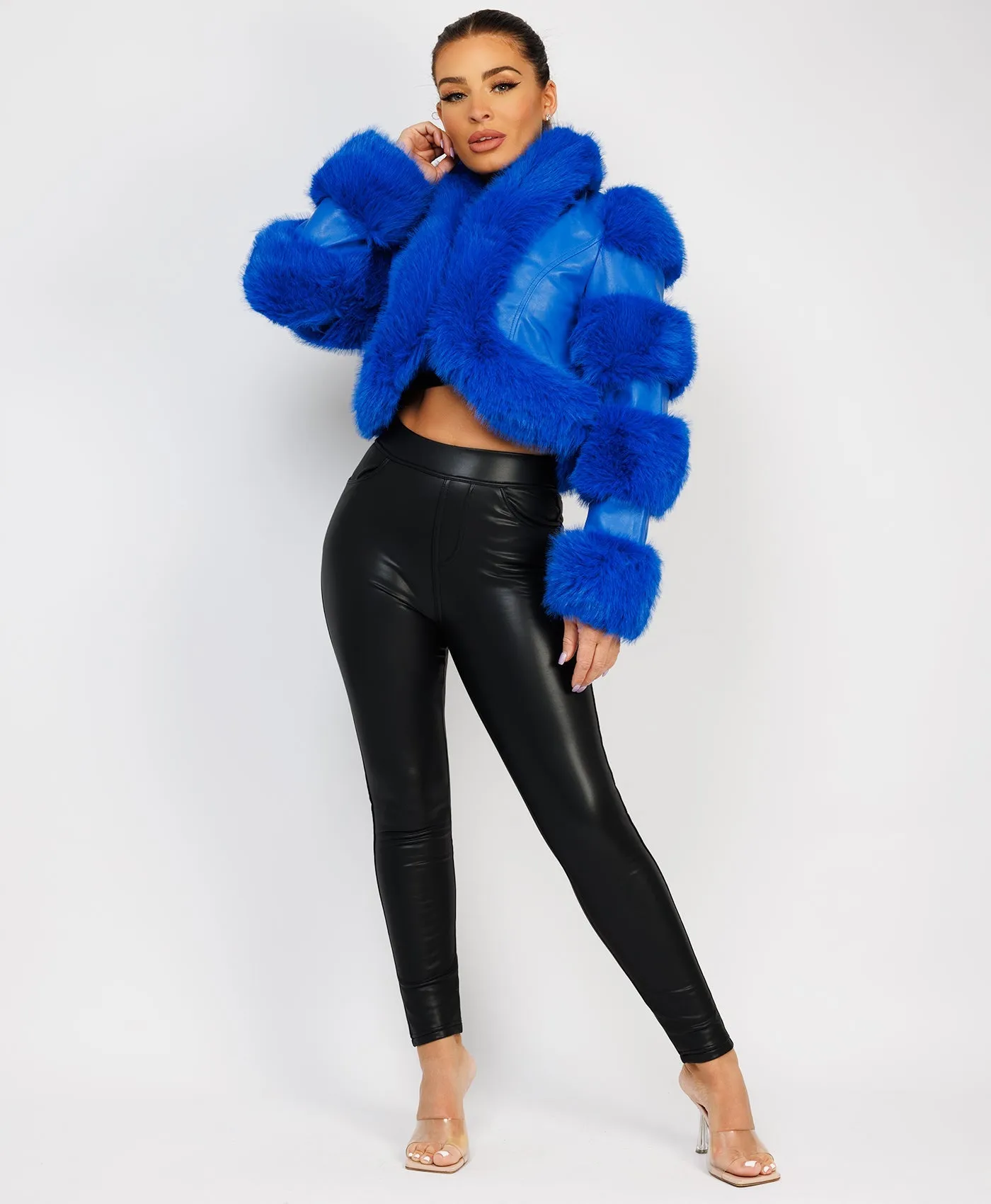 Royal Blue Cropped Faux Fur Vegan Leather Coat Jacket