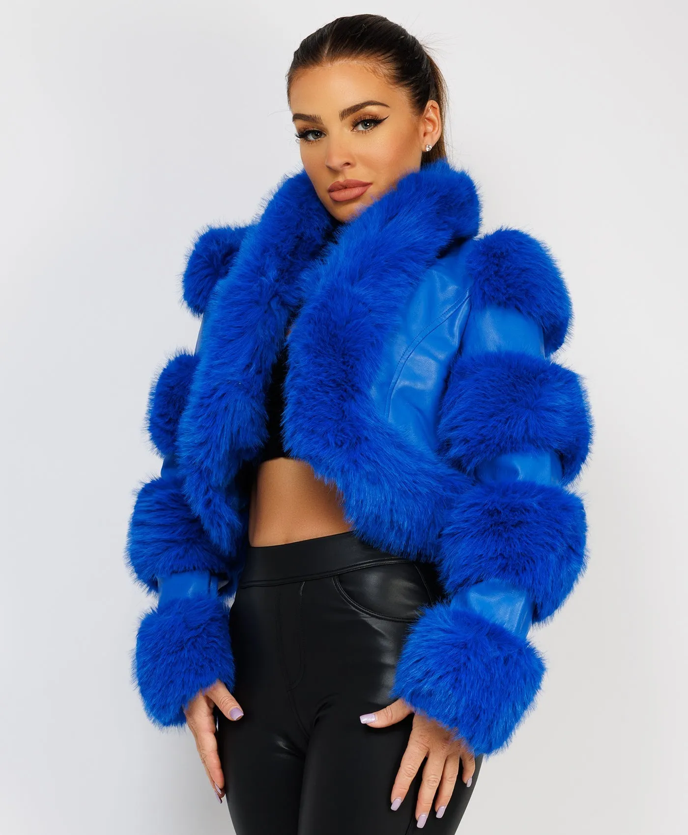 Royal Blue Cropped Faux Fur Vegan Leather Coat Jacket