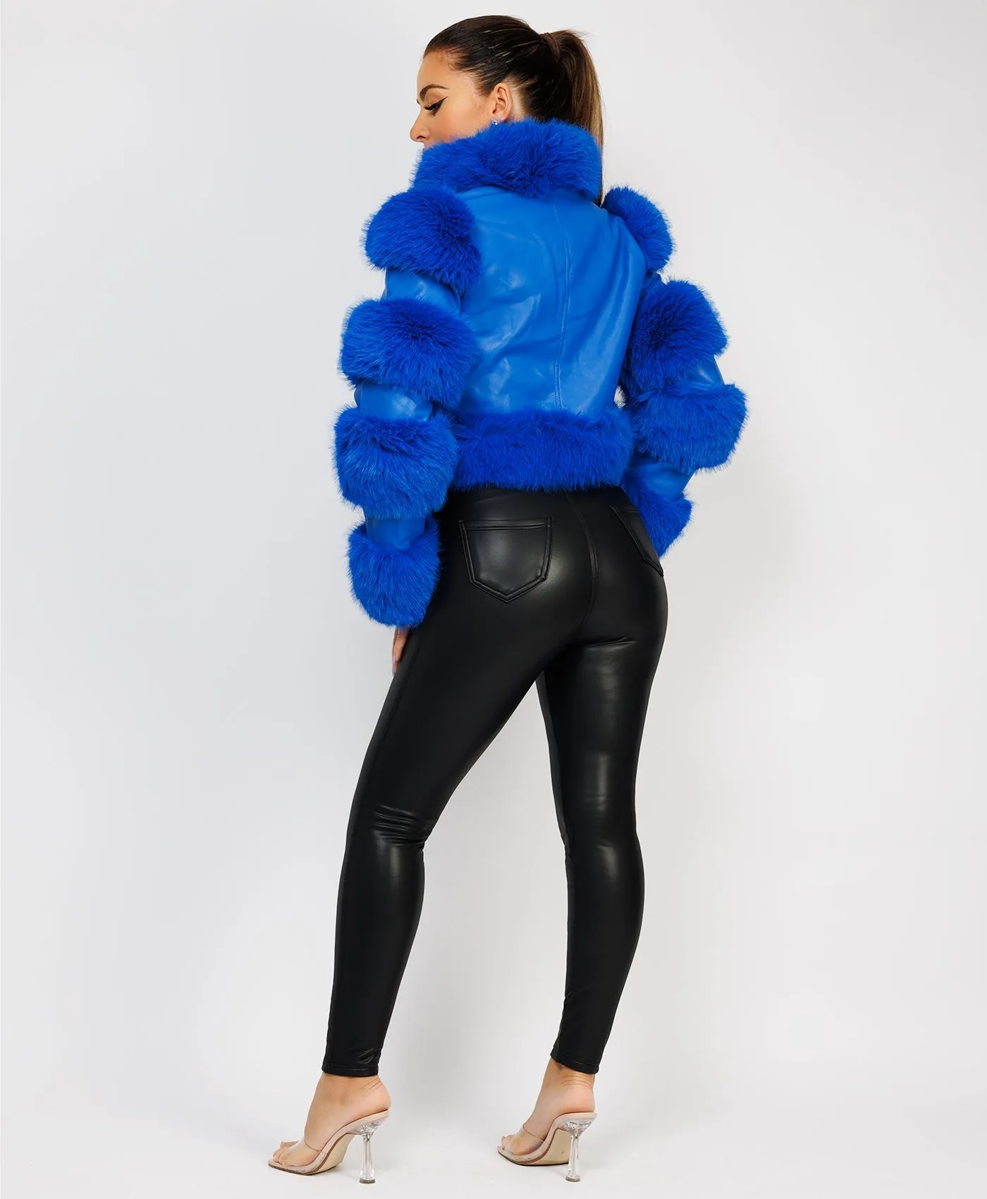 Royal Blue Cropped Faux Fur Vegan Leather Coat Jacket