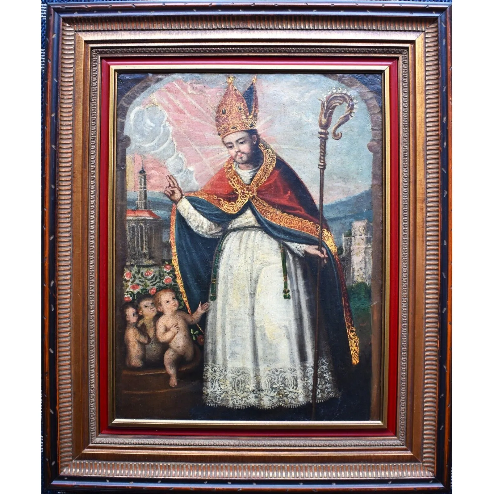 Saint Nicholas San Nicolas Antique 19th C. Spanish Colonial Painting on Canvas/ Retablo