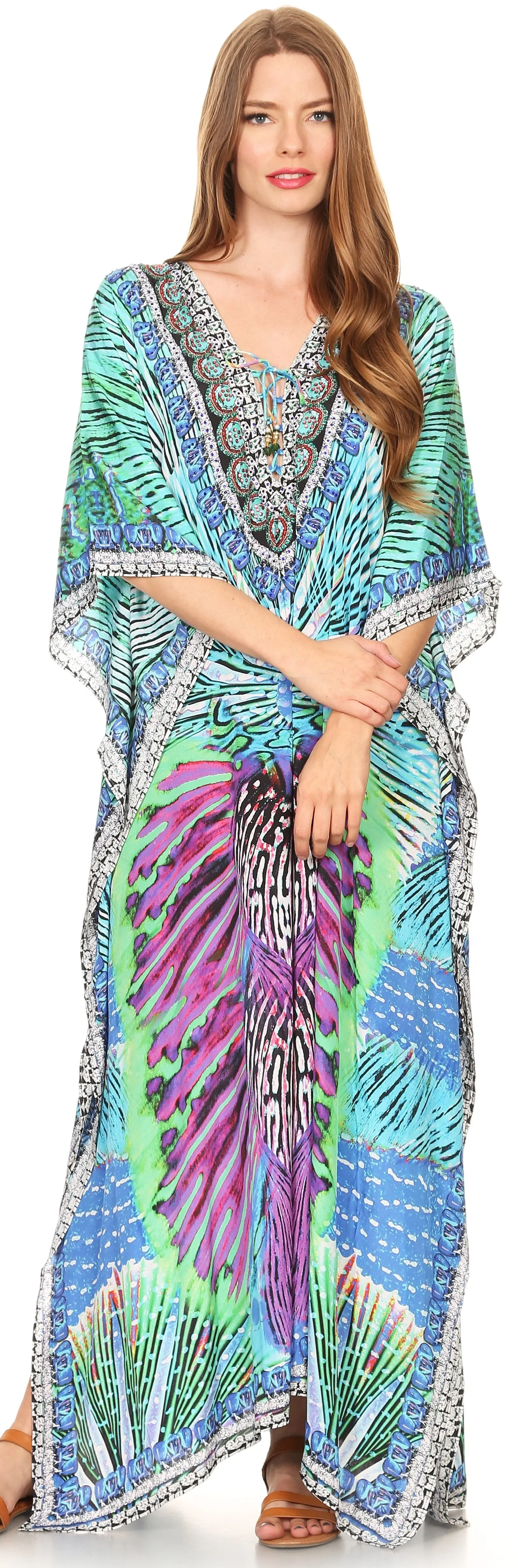 Sakkas Georgettina Flowy Rhinestone V Neck Long Caftan Dress/Cover Up