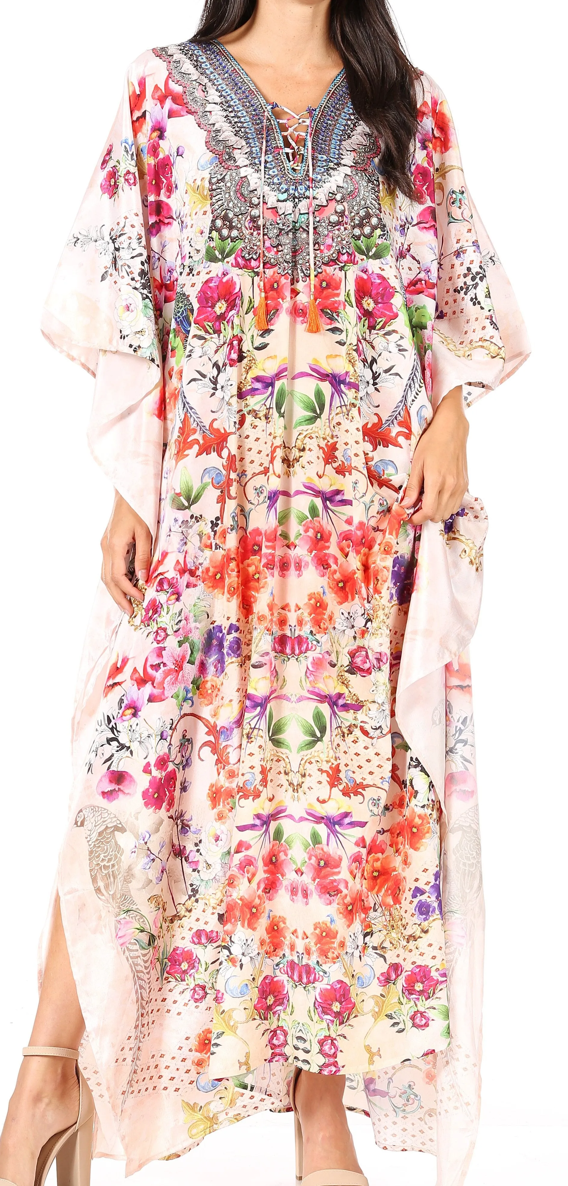 Sakkas Georgettina Flowy Rhinestone V Neck Long Caftan Dress/Cover Up