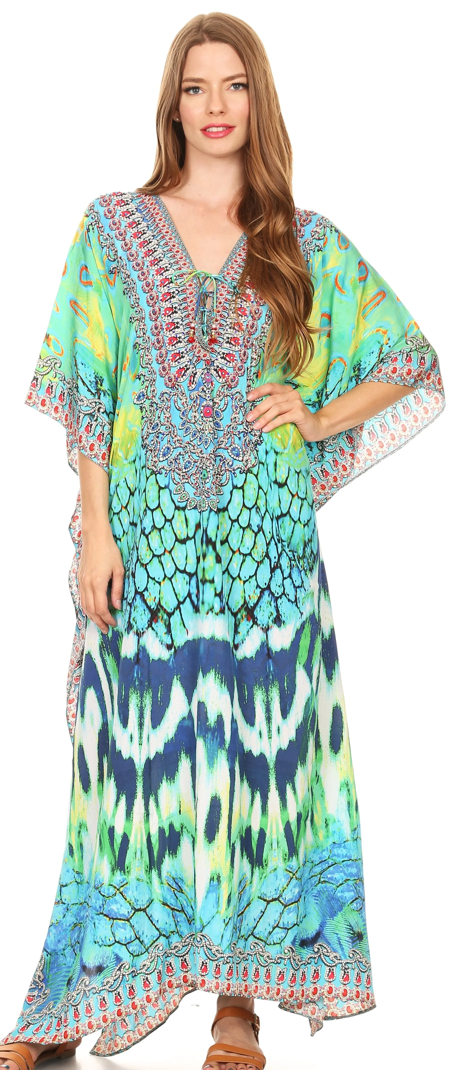 Sakkas Georgettina Flowy Rhinestone V Neck Long Caftan Dress/Cover Up