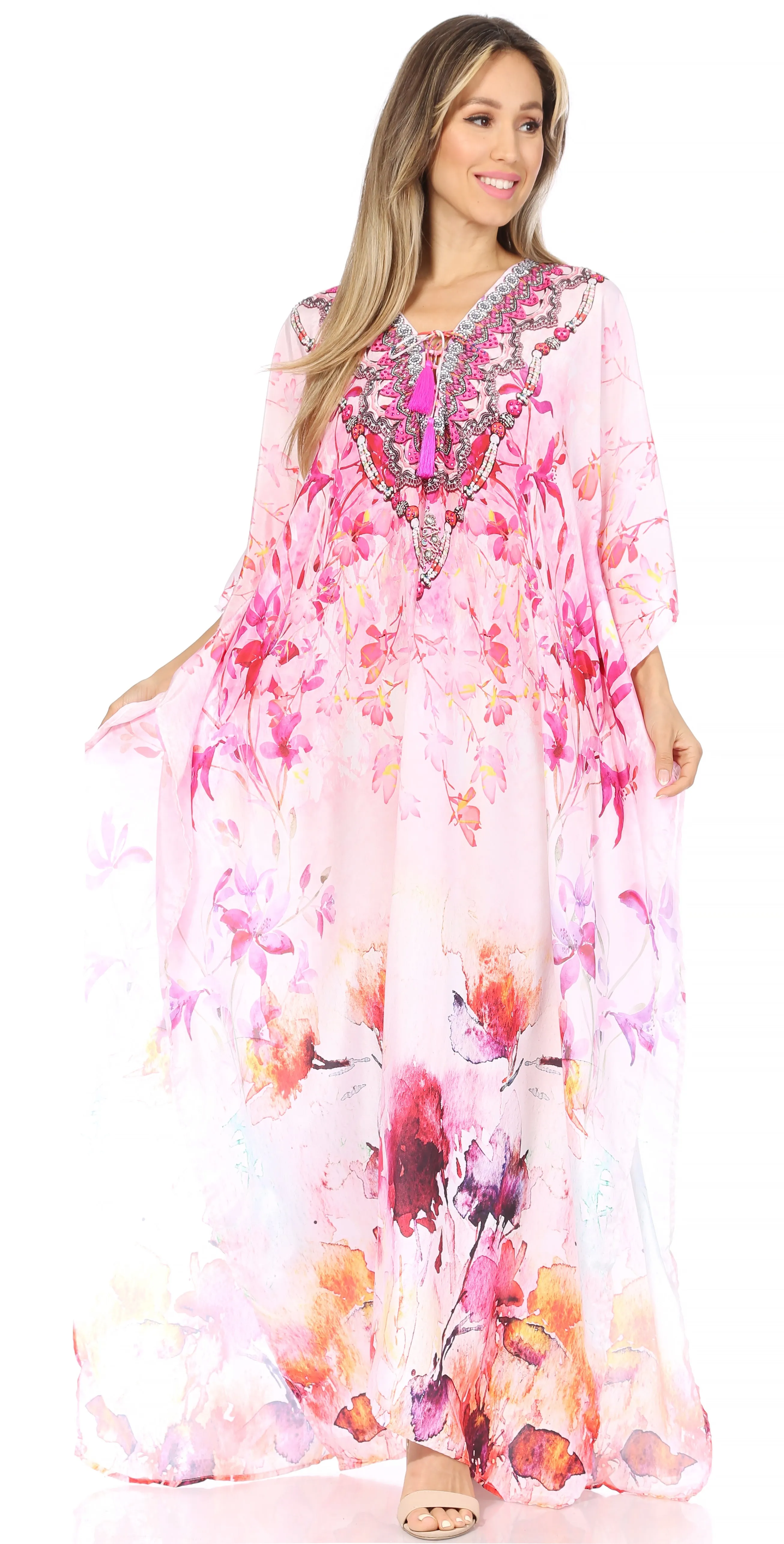 Sakkas Georgettina Flowy Rhinestone V Neck Long Caftan Dress/Cover Up