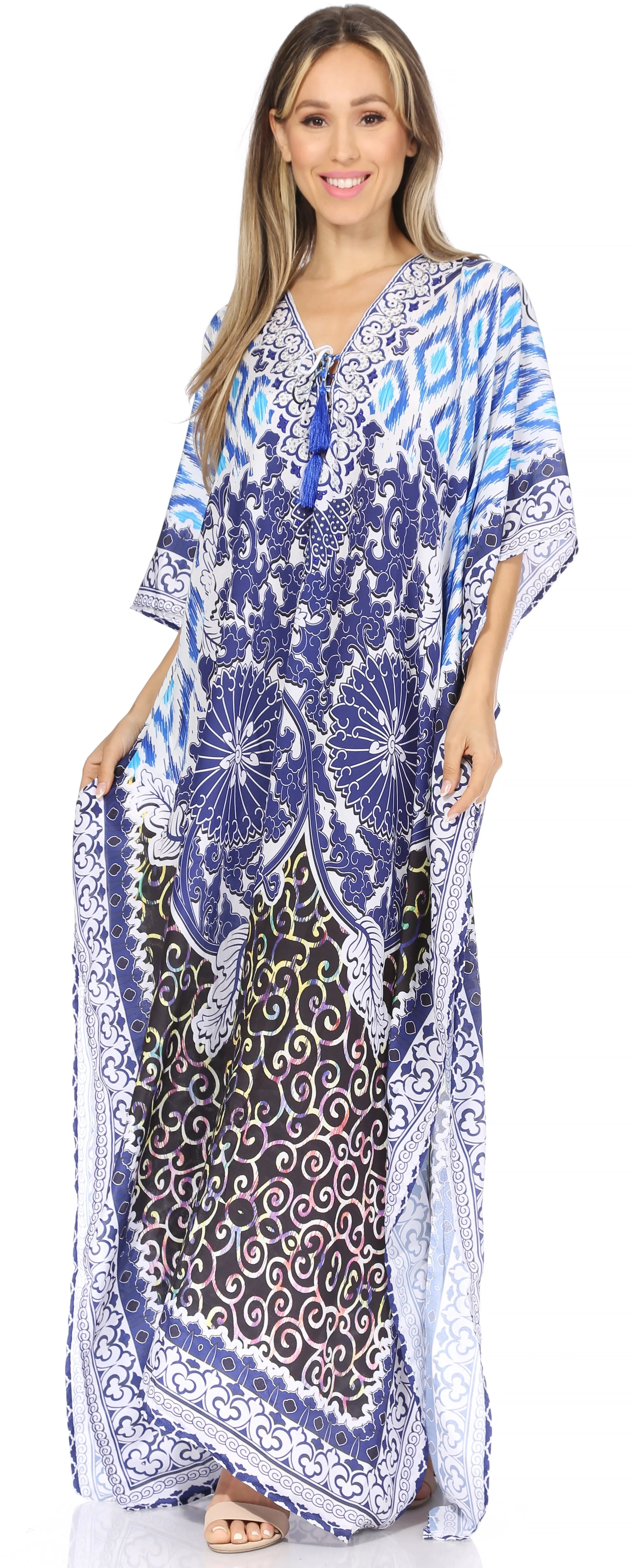 Sakkas Georgettina Flowy Rhinestone V Neck Long Caftan Dress/Cover Up