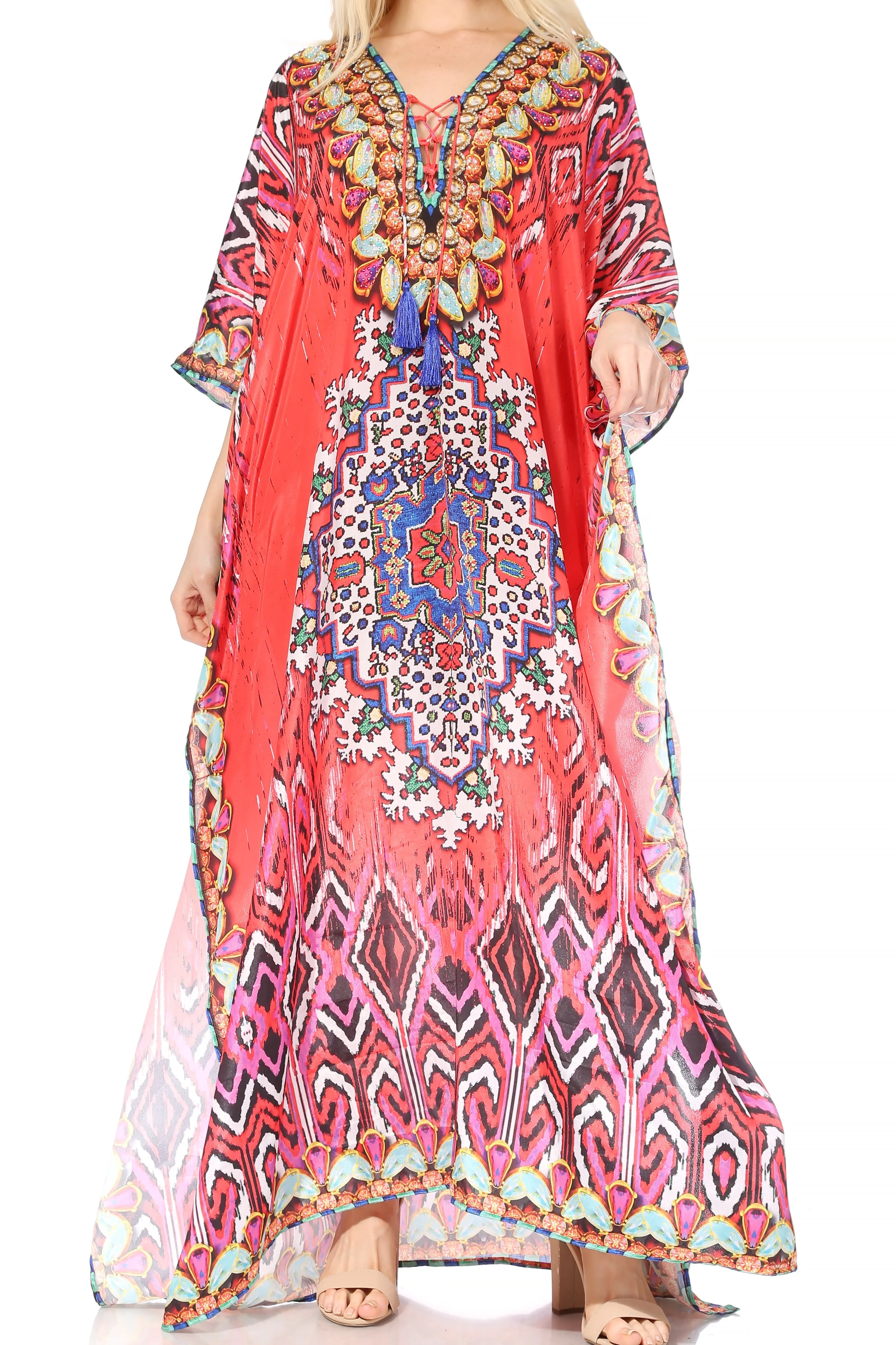 Sakkas Georgettina Flowy Rhinestone V Neck Long Caftan Dress/Cover Up