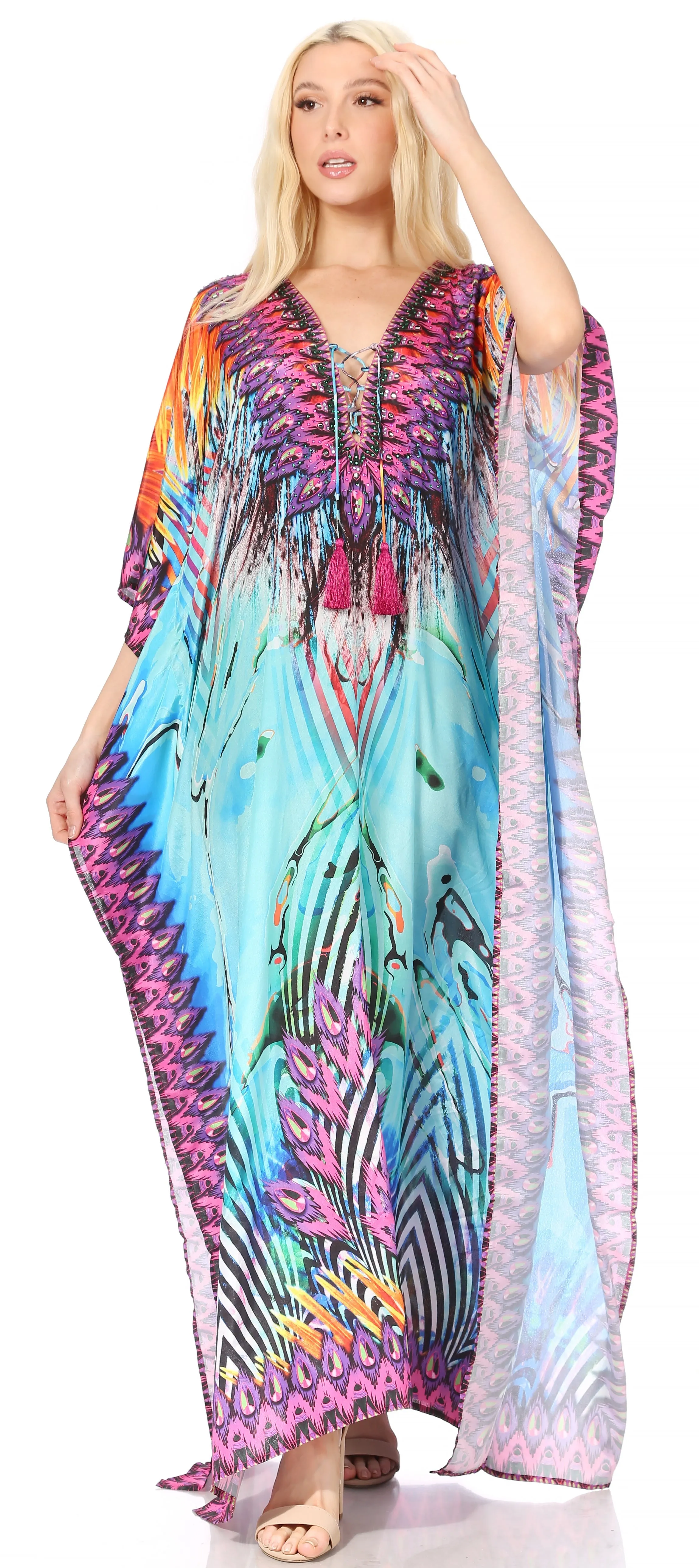 Sakkas Georgettina Flowy Rhinestone V Neck Long Caftan Dress/Cover Up