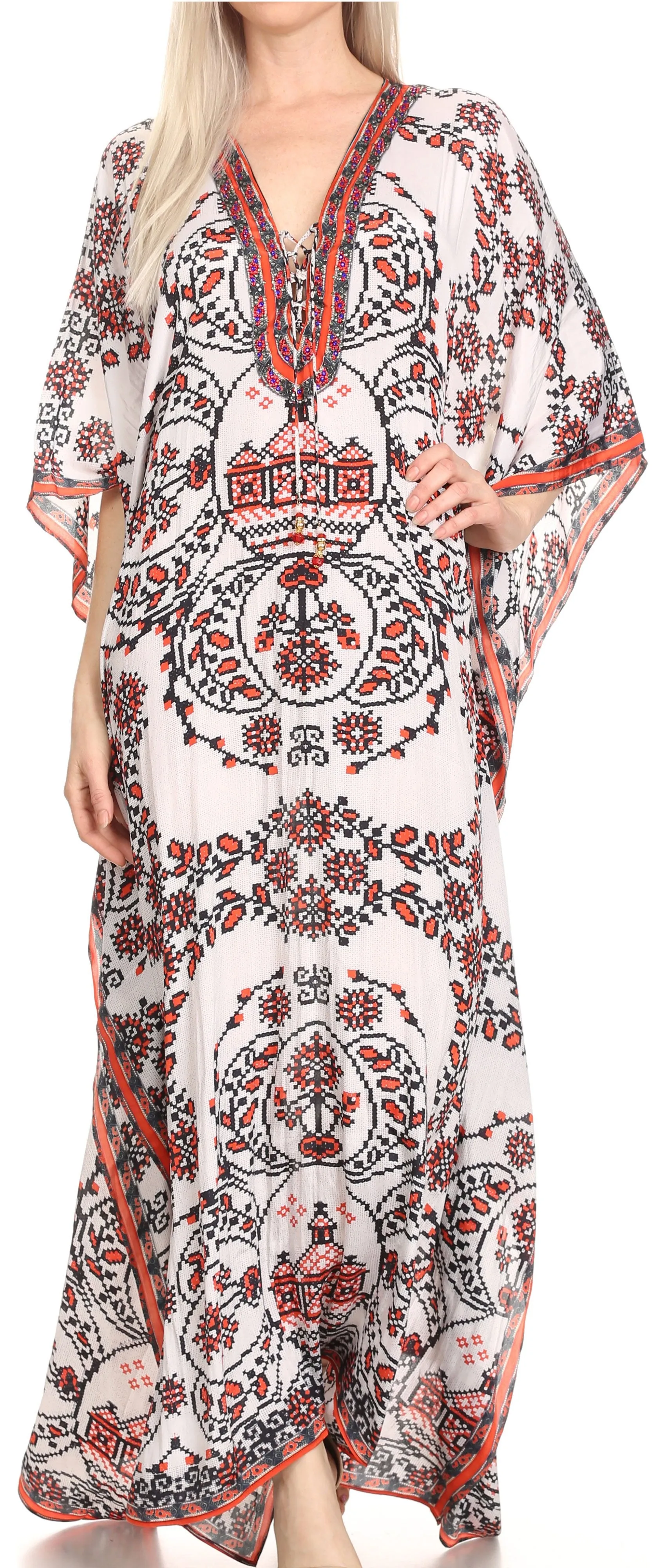 Sakkas Georgettina Flowy Rhinestone V Neck Long Caftan Dress/Cover Up