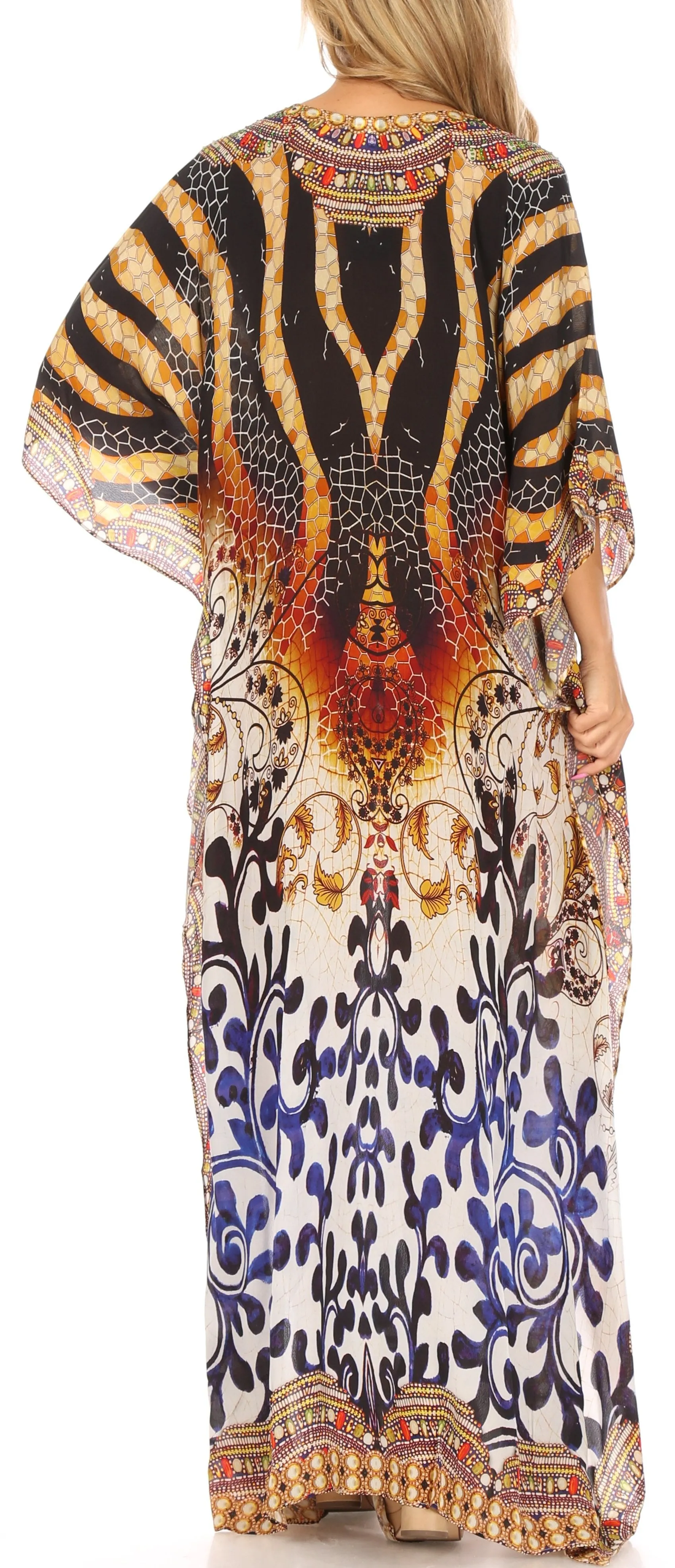 Sakkas Georgettina Flowy Rhinestone V Neck Long Caftan Dress/Cover Up