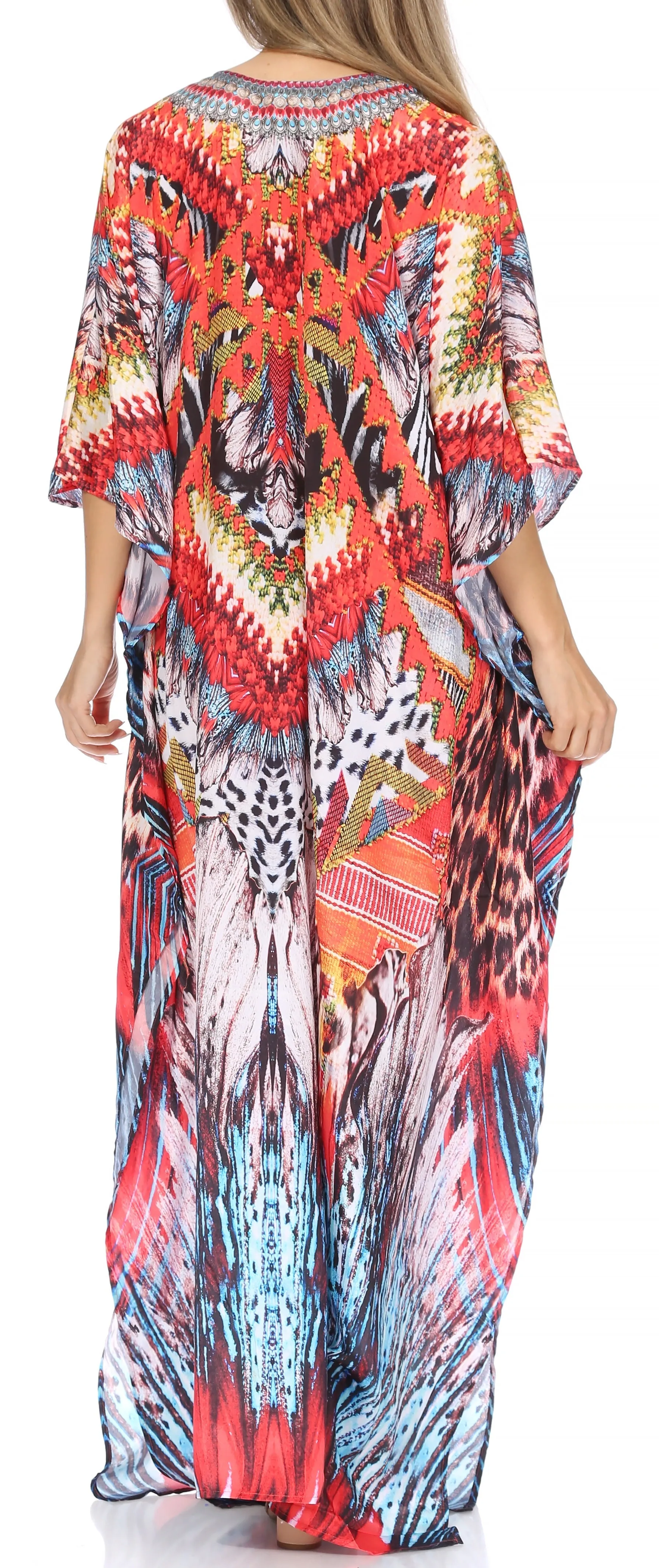 Sakkas Georgettina Flowy Rhinestone V Neck Long Caftan Dress/Cover Up